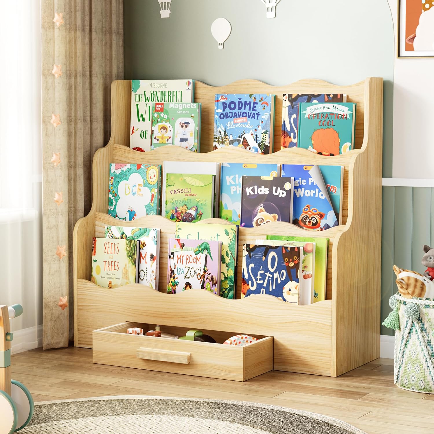 3-Tier Montessori Scalloped Kids Bookshelf with Drawer