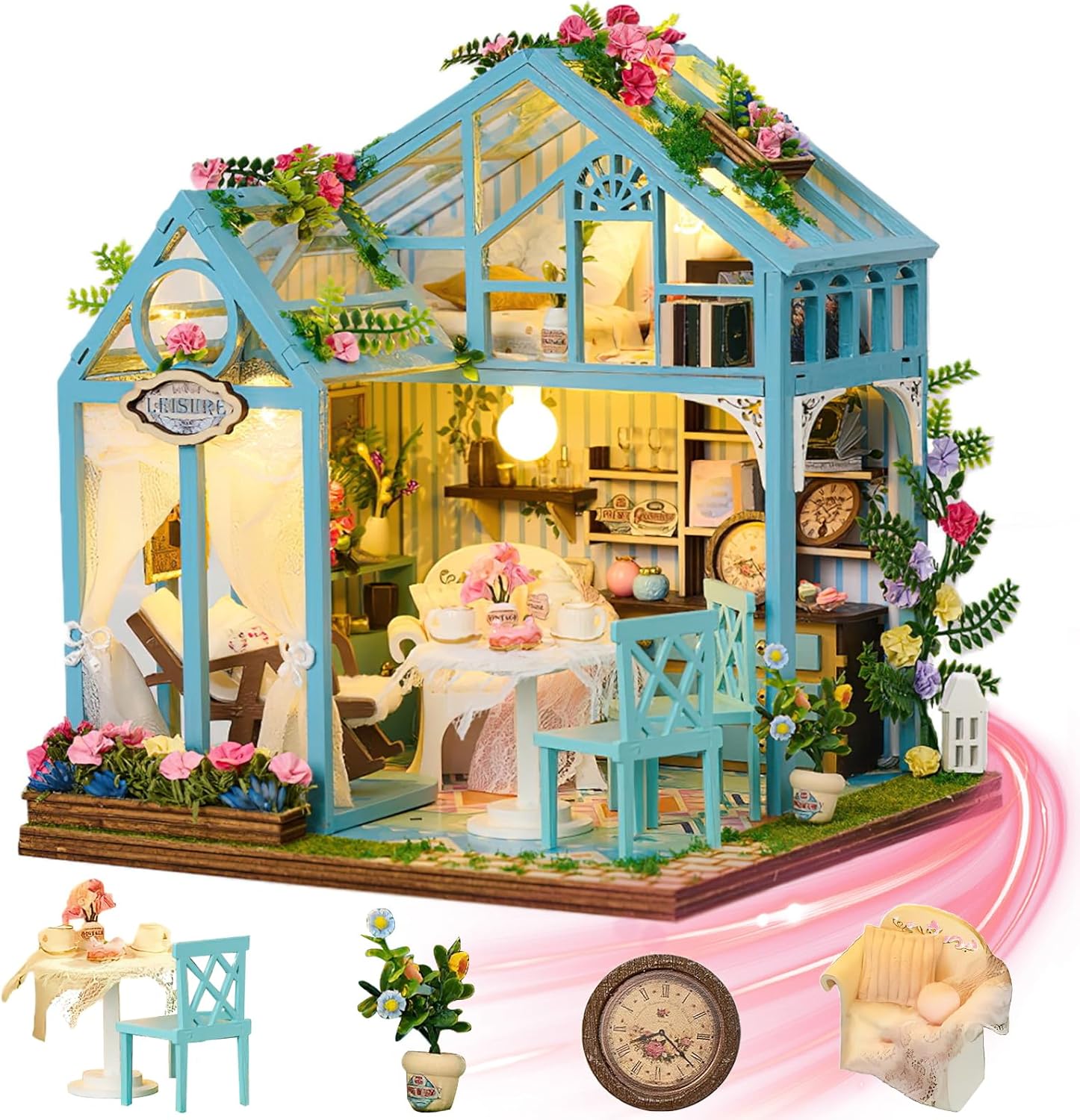 Mostop DIY Miniature Dollhouse Kit with Furniture - Book Nook Kit, Wooden Dollhouse Kit Miniature House Kit with LED Light,Creative Room Idea for Kids/Adults House DIY Kits(Floral Reverie)