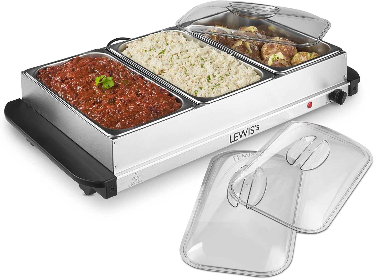 Lewis's Electric Food Warmer Buffet Server – Buffet Trays with Lids – Portion Control Plate, Chafing Dishes, Buffet Warmer for Table, Hostess Trolley Food Warmer, Portion Plate (Silver, 3 x 2.5L)