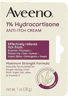 Aveeno Maximum Strength 1% Hydrocortisone Anti-Itch Cream with Pure Oat Essence, Triple Oat Complex, Aloe & Vitamin E, for Itch, Rash & Redness Relief, 1 oz Pack of 2