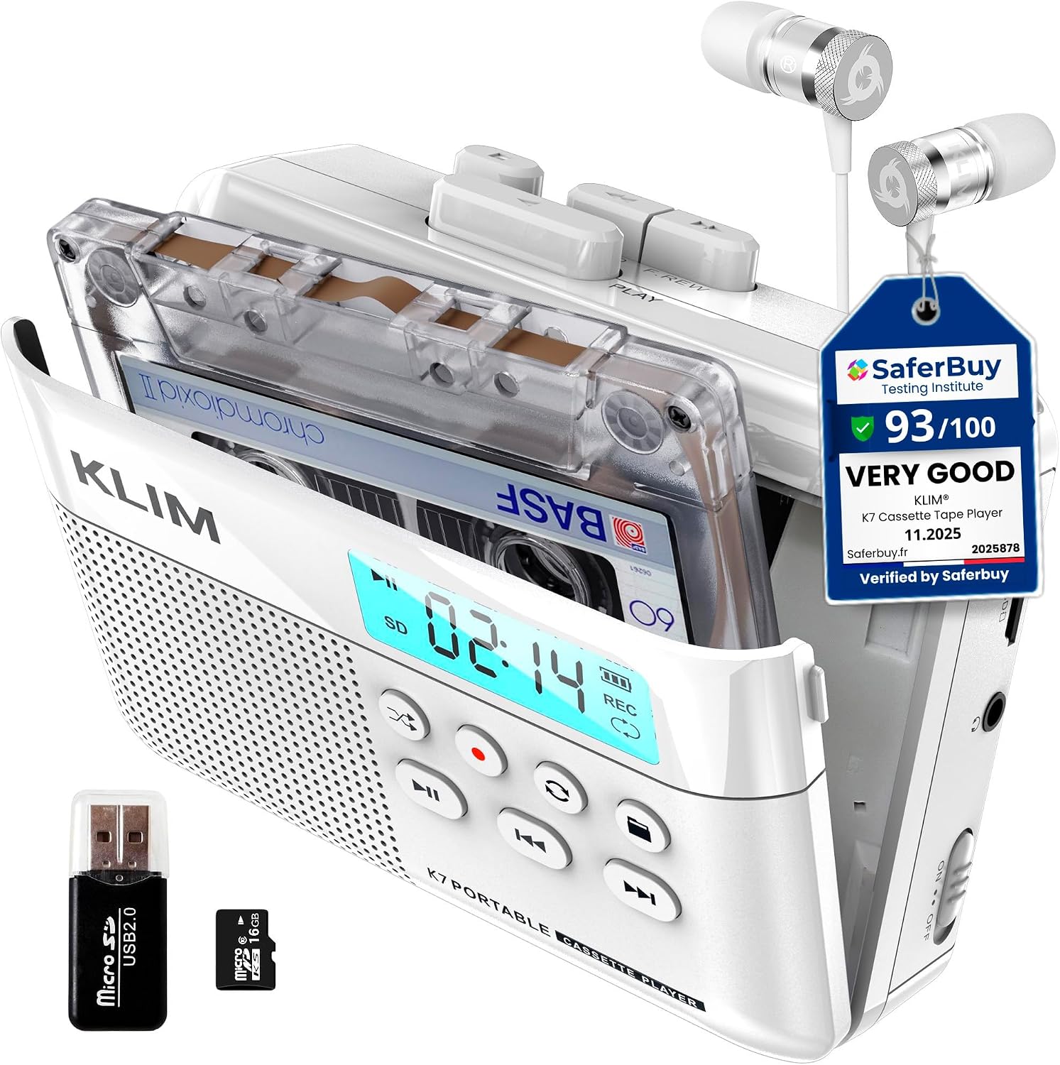 K7 Cassette Player, Converts Tapes to MP3, Built-in Microphone, 16GB Card