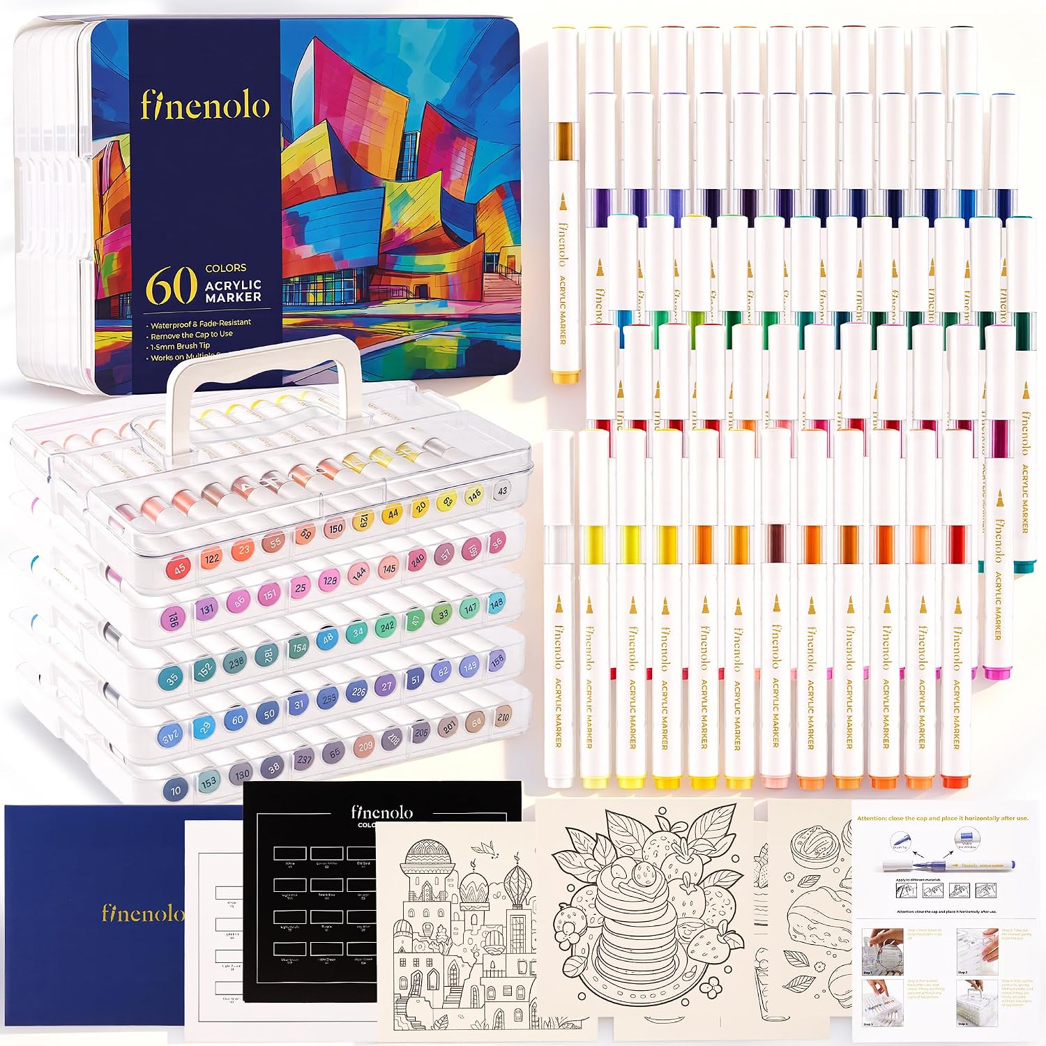 finenolo 60 Colors Acrylic Paint Markers, Brush Tip Paint Pens with Waterproof Non-Bleeding Ink, Ideal Acrylic Markers for Rock Painting, Canvas, Wood, Glass, Ceramic, Fabric, Metal DIY Crafts