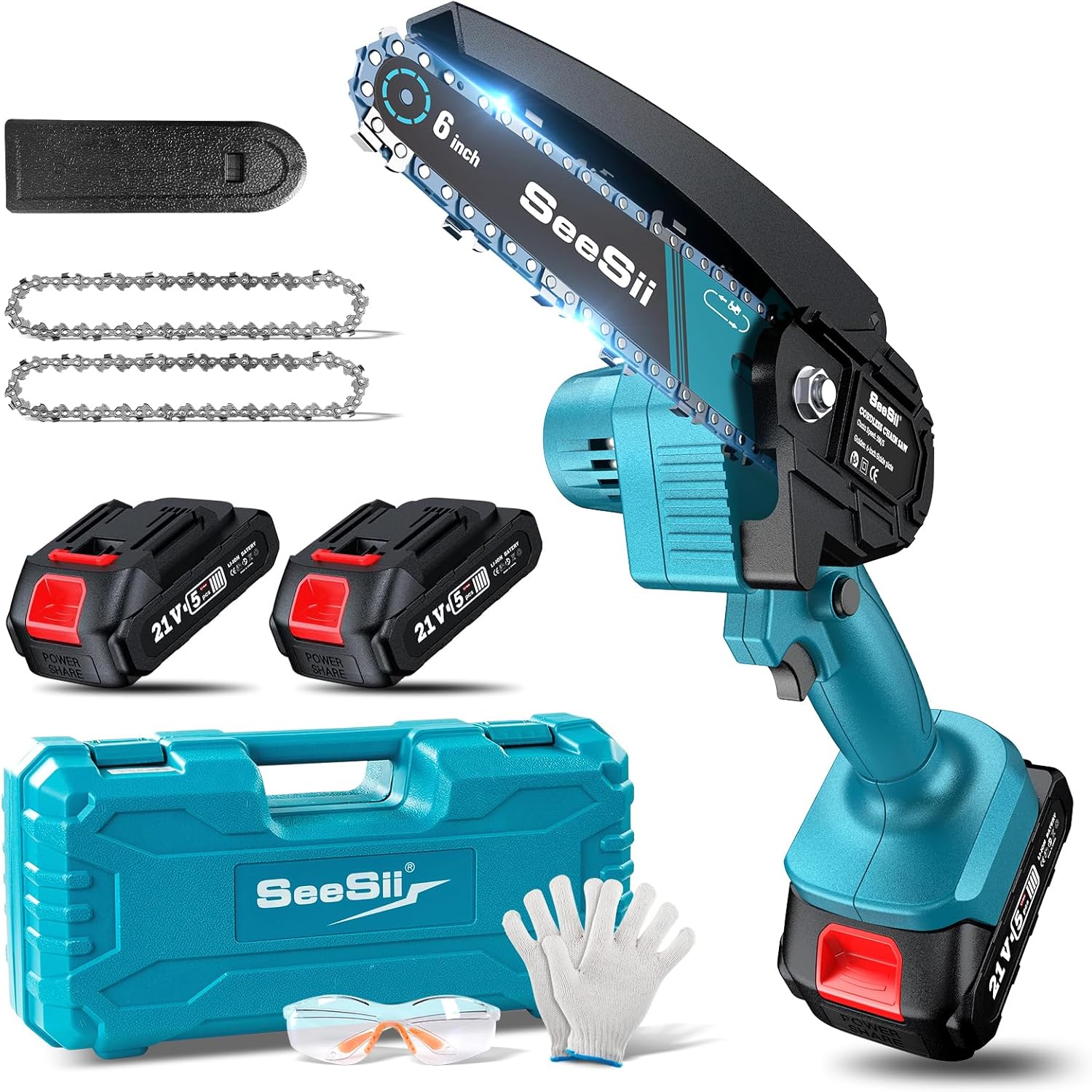 Seesii Mini Chainsaw Cordless 6-inch, Handheld Electric Power Chain Saw with 2 Batteries, for Tree Trimming Wood Cutting, Best Gifts for Dad, Husband
