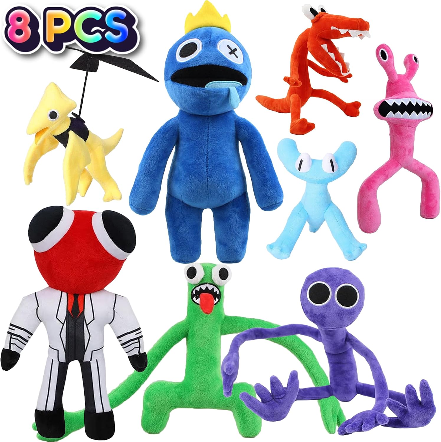 MADDER AKKA Rainbow Monster Best Friends Plush Set of 8 Stuffed Toy Dolls Friends Plush Rainbow Game Stuffed Plushies Teddy Red Blue Green Orange Pink Purple Yellow Cyan