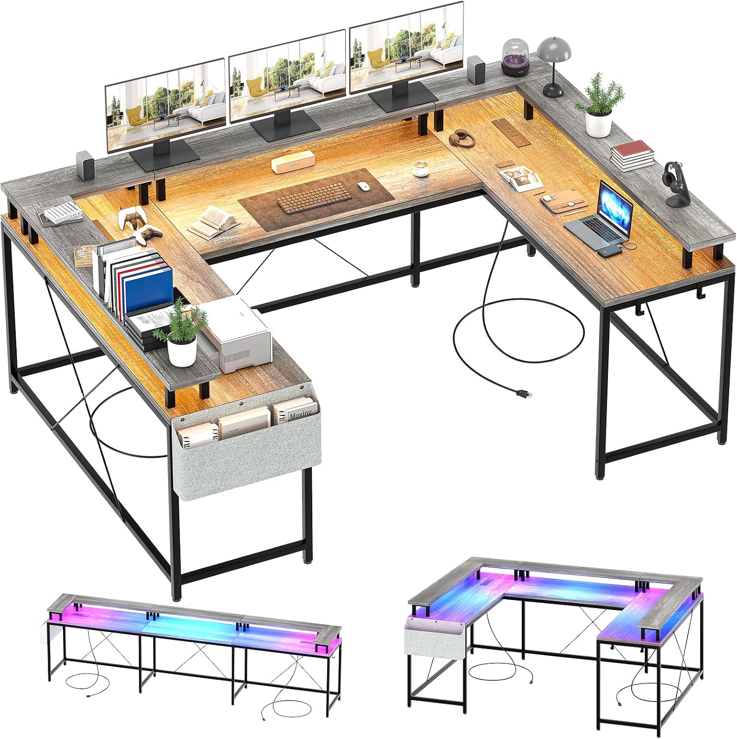 GAOMON U Shaped Desk, 126 Inch Gaming Desk with Monitor Stand and LED Lights, Reversible Shaped Large Computer Desk with Power Outlets, Office Desk with Storage Bag and Hooks, Oak