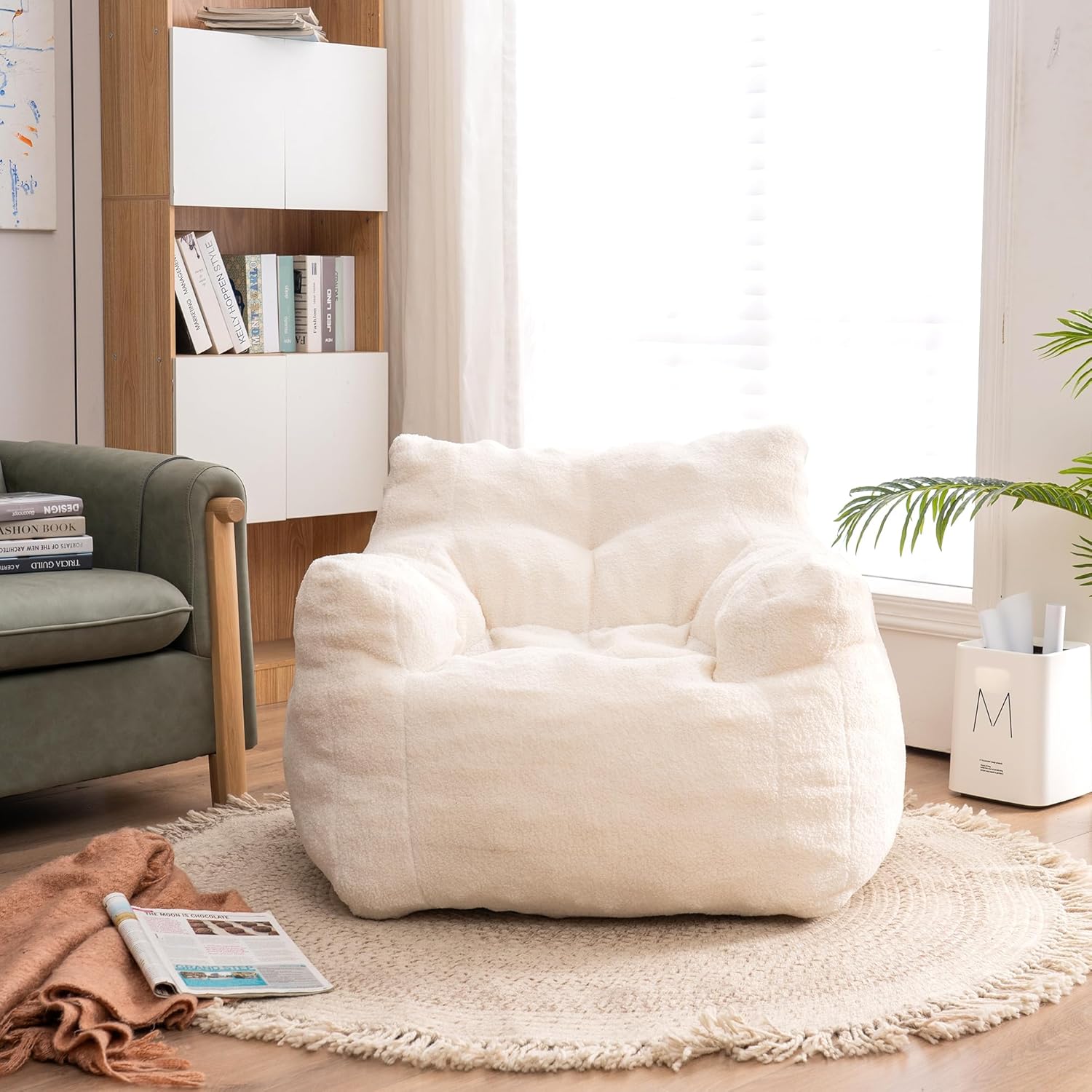 INMOZATA 3FT Bean Bag Chair for Adult Teens Kids(with Filler) Furniture - Soft Teddy Fabric Lazy Sofa Chair - Bean Bag Lounger Accent Chairs for Living Room Bedroom Dorm Room (Ivory)