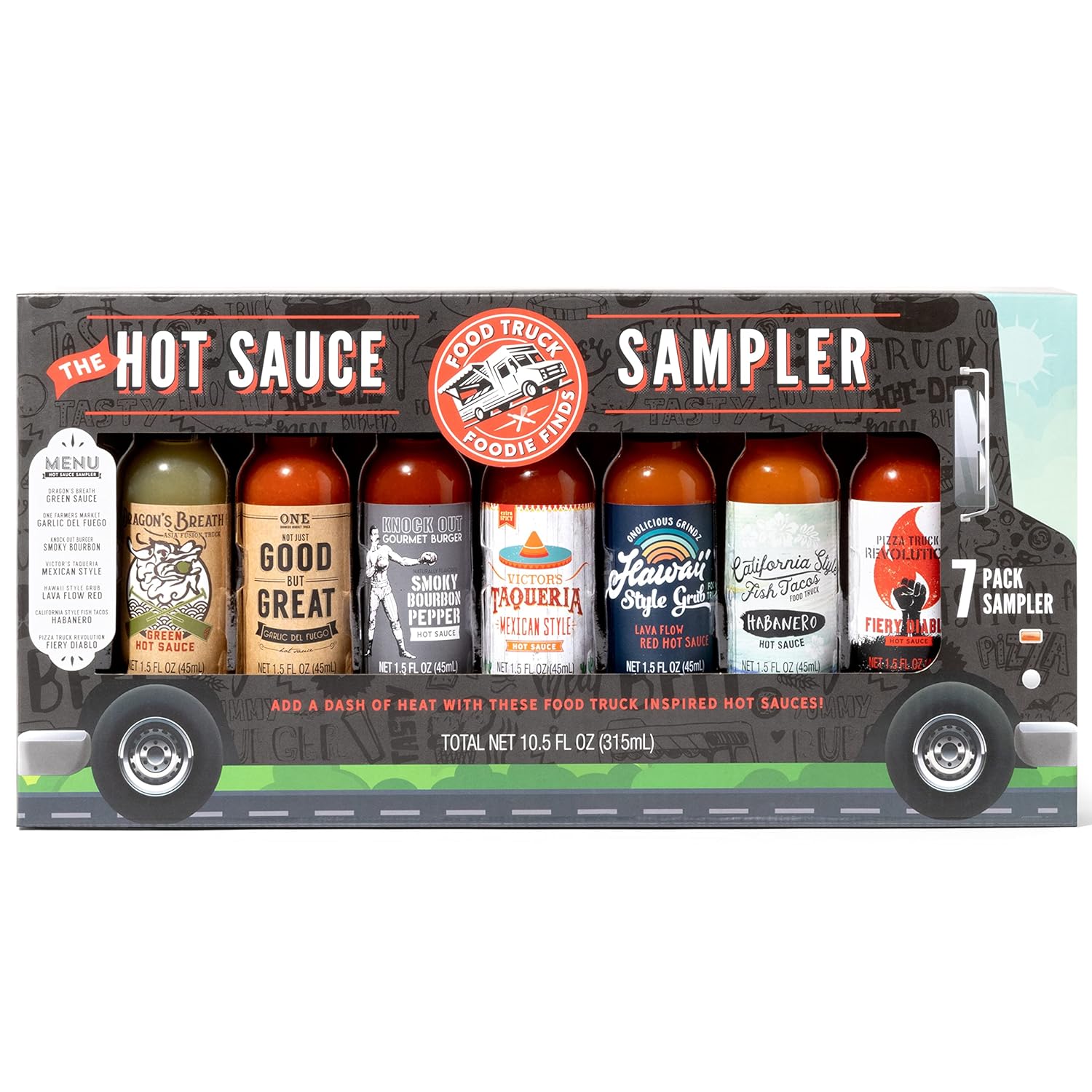 Thoughtfully Gifts, Hot Sauce Food Truck Sampler, Food Truck Inspired Flavors Include Garlic Del Fuego, Smoky Bourbon, Mexican Style, Habanero, Fiery Diablo and More, Pack of 7