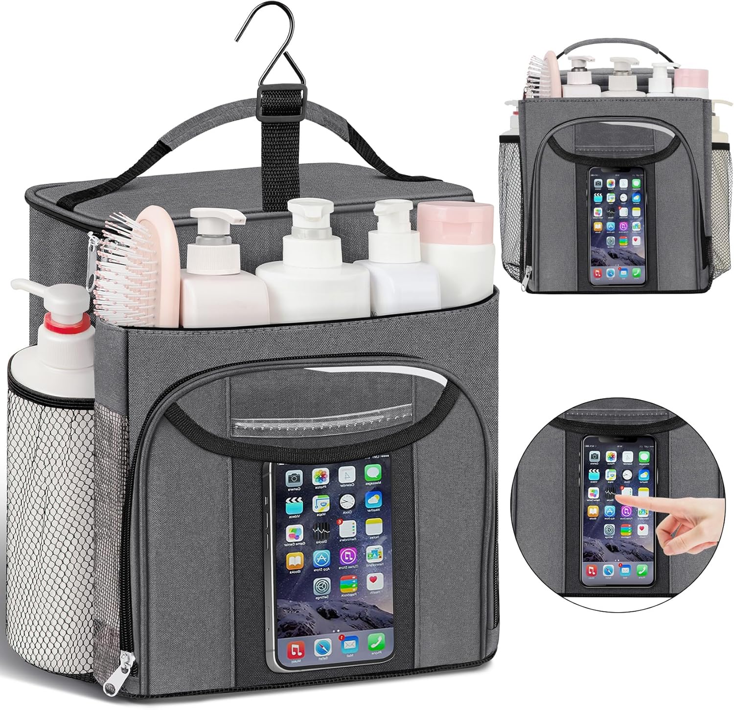 Attmu Large Capacity Portable Shower Caddy Dorm for College Essentials, Separate Compartment Hanging Toiletry Bag for College Student Camping Gym Travel Essentials (Gray)