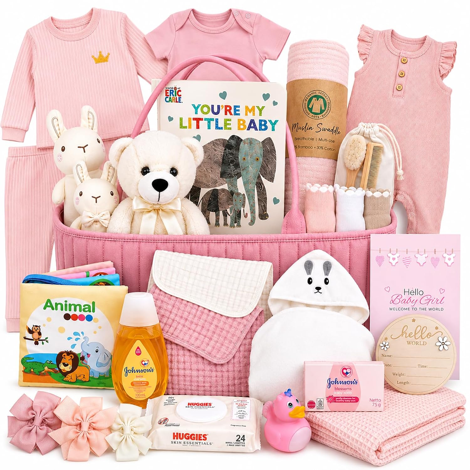 Premium New Baby Girl Gift Basket | Newborn Essentials Care Package in Diaper Caddy Organizer | Plush Toy, Baby Clothes, Bath Set, Hooded Towel, Rattle, Keepsakes & More Pink & White