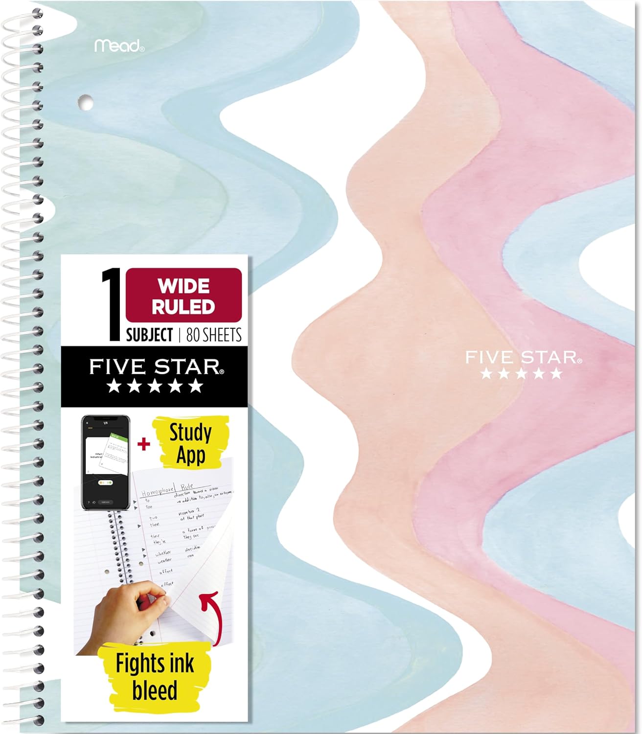 Five Star Spiral Notebook + Study App, 1 Subject, Wide Ruled, 8" x 10-1/2", 80 Sheets, Fights Ink Bleed, Water Resistant Cover, Pastel Waves (930060F)