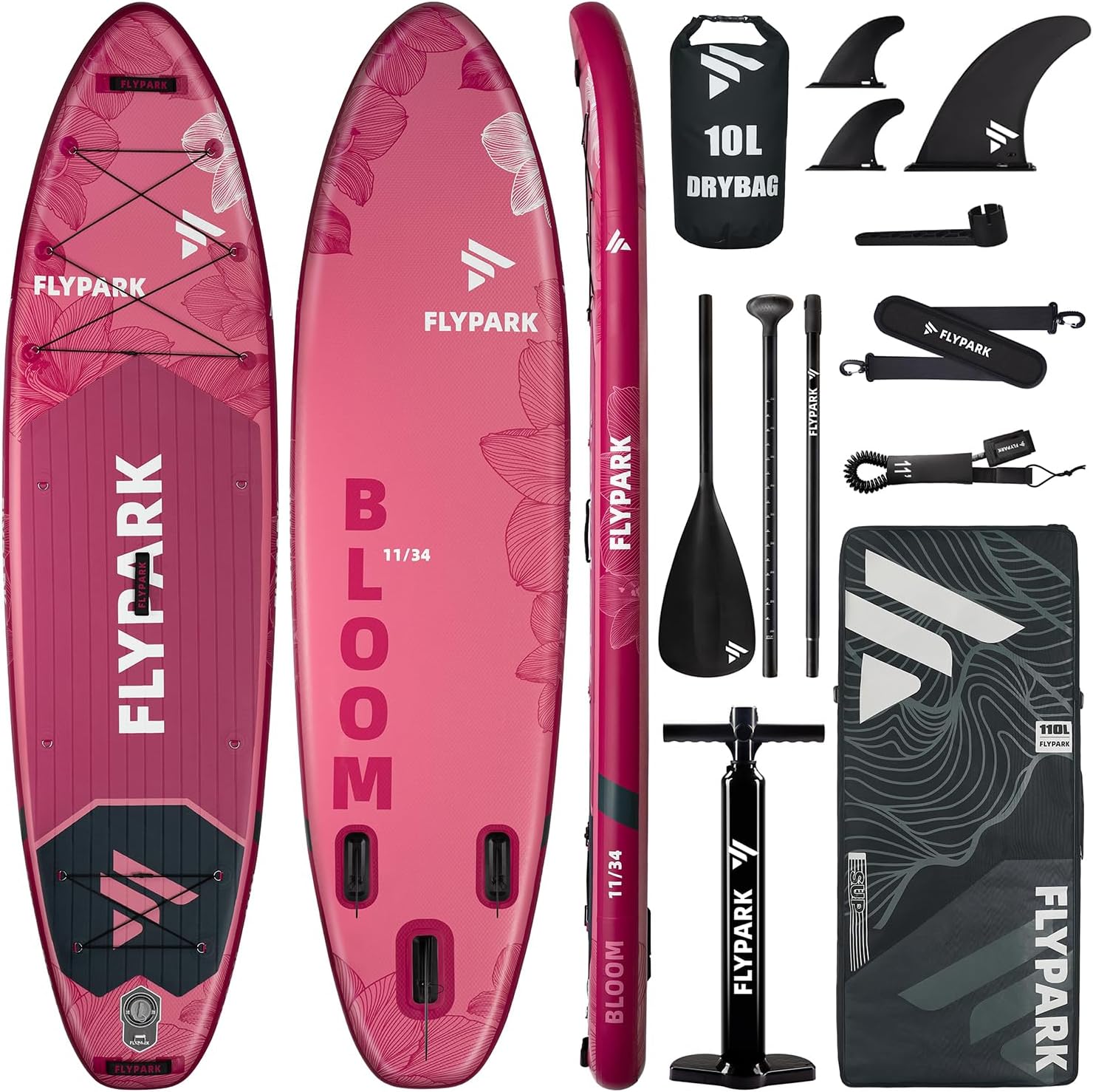 Flypark 11'x34 Inflatable Paddle Boards, Extra Wide SUP for 420lbs/3Adults, Yoga Stand Up Paddle Board, 110L Backpack, 15 D-Rings, Shoulder Strap, US-Fin, 2-Action Pump