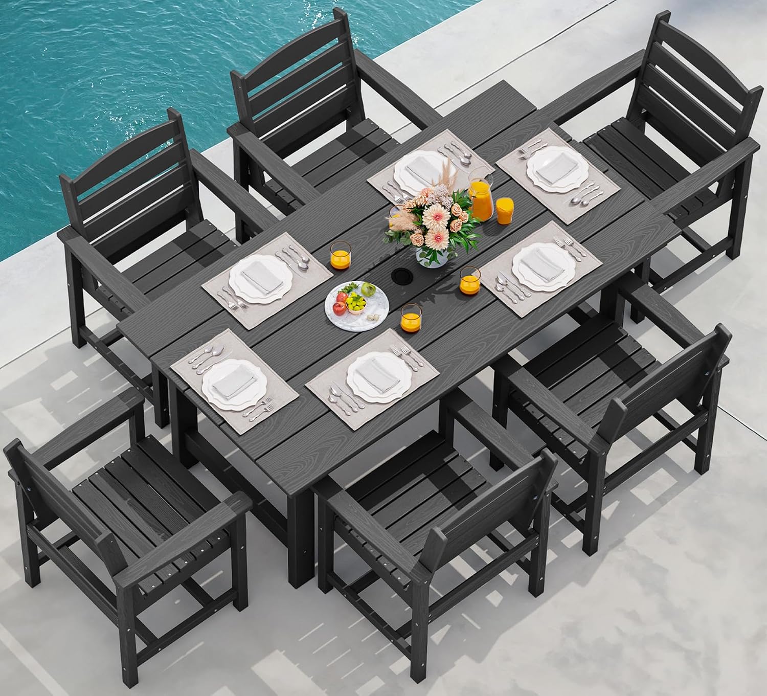 SERWALL 7 Pcs Outdoor Dining Set, 1 Umbrella Hole Table & 6 Chairs, Black | HDPE Outdoor Dining Furniture with Rectangular Table & 6 Chairs, All-Weather Resistant SERWALL Dining Set for 6