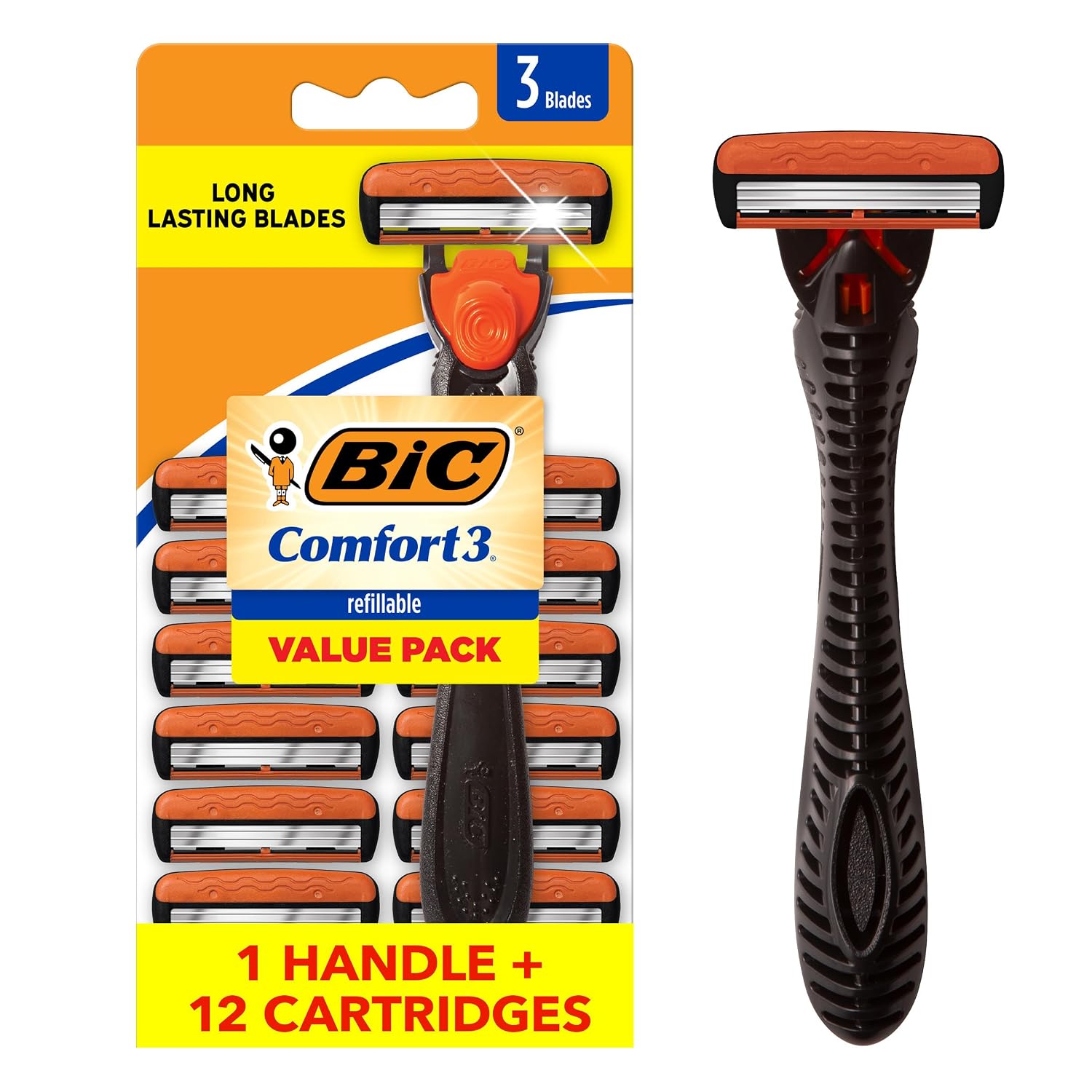 BIC Comfort 3 Mens 3-Blade Refillable Razors, 1 Handle & 12 Cartridges