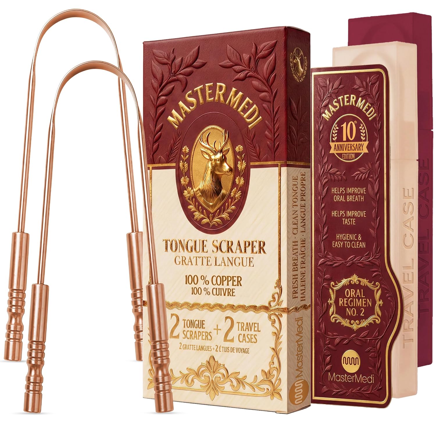 Tongue Scraper with Case Easy to Use Tongue Scraper for Adults, Tongue Cleaner for Oral Care & Hygiene Copper Set of 2 (with Travel Case)
