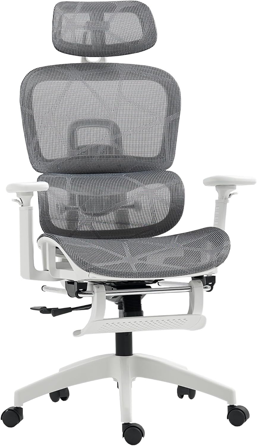 HOMCOM Ergonomic Office Chair, Mesh High Back Computer Desk Chair with 4 Level Adjustable Back, Adjustable Lumbar Support, Swivel Recliner with 3D Armrest, Headrest, Footrest, Grey and White