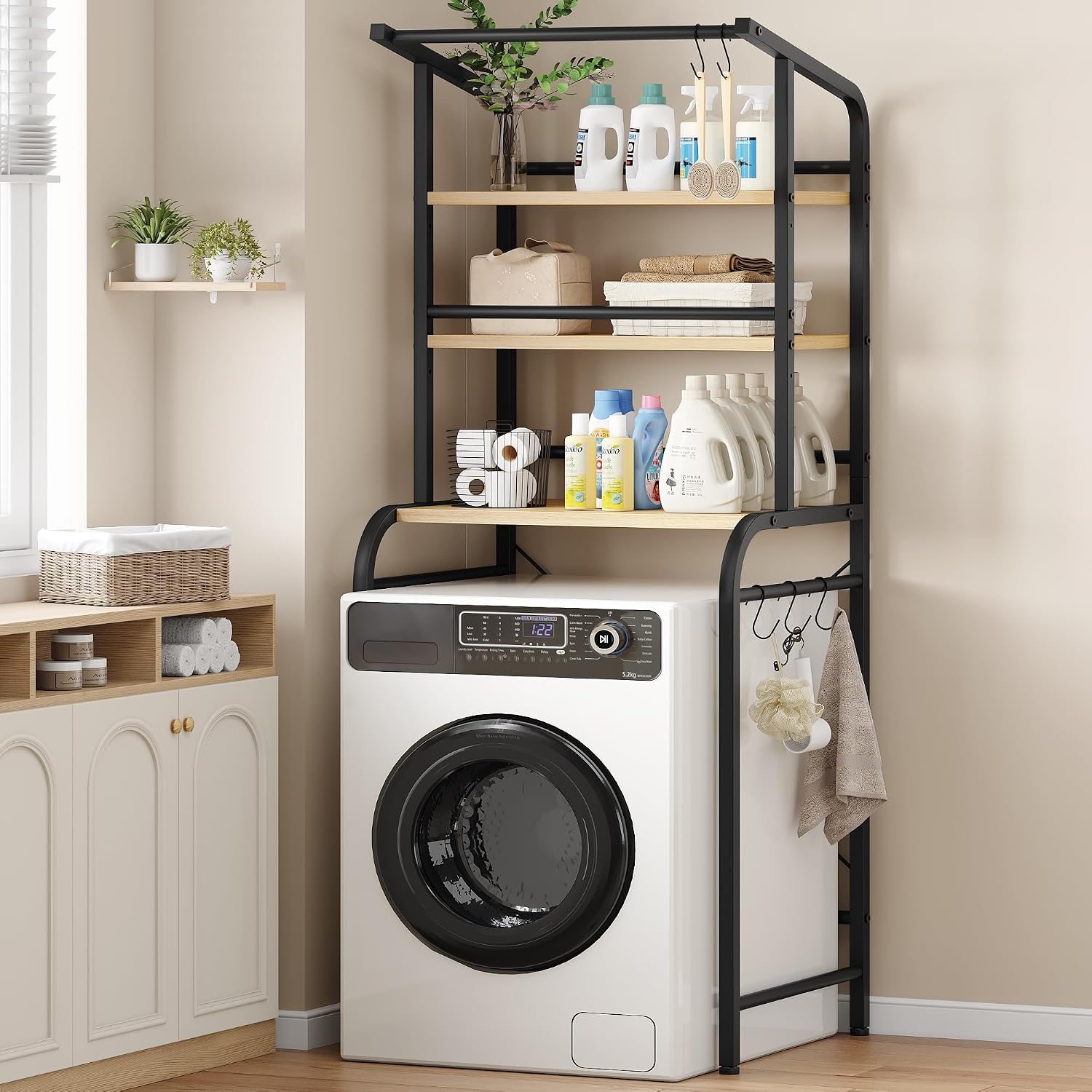 Feonase Over Washing Machine Shelf, 3-Tier Adjustable Shelves with Towels Hangers, Over Toilet Storage Unit, 67 x 46 x 168cm, Black