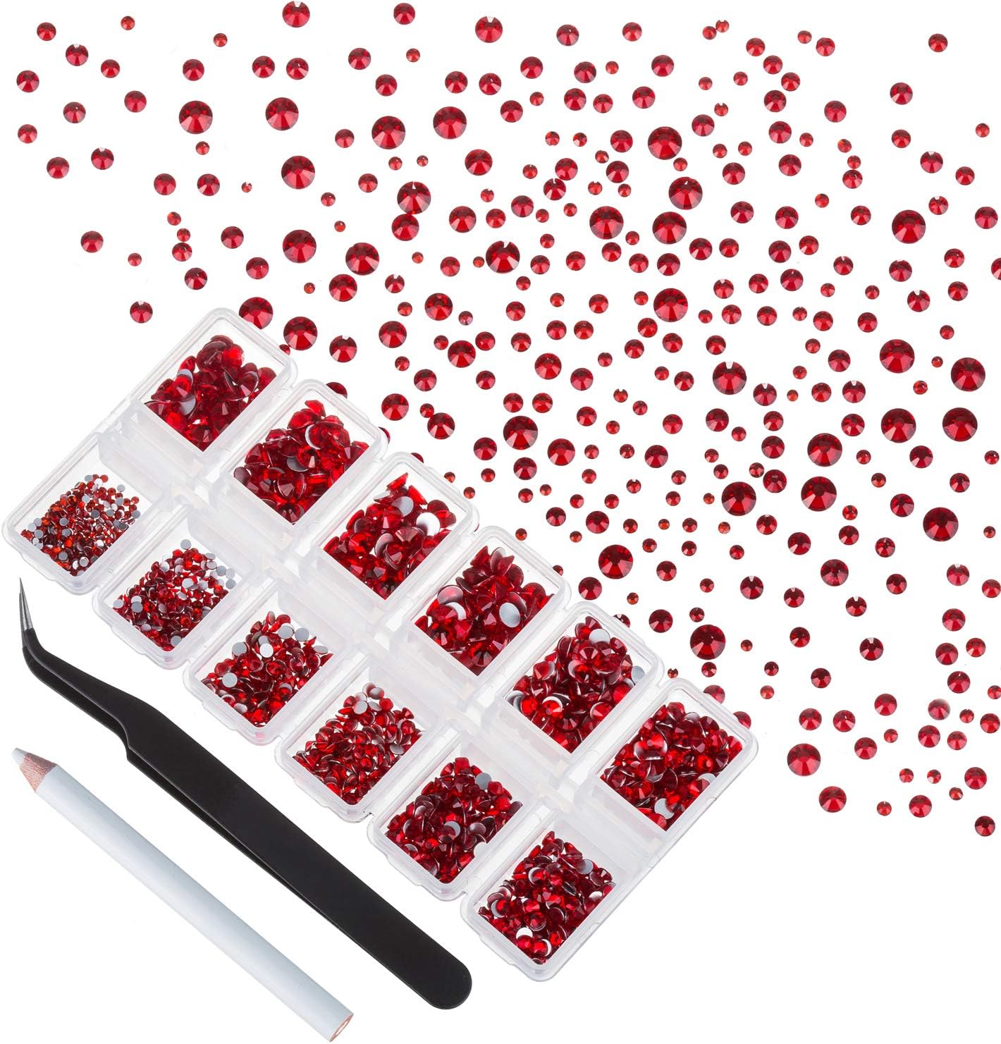 4200 Pieces Flat Back Red Rhinestones for Craft, Round Crystal Gems Stickers for Clothes, 1.5 mm - 4.8 mm, 6 Sizes