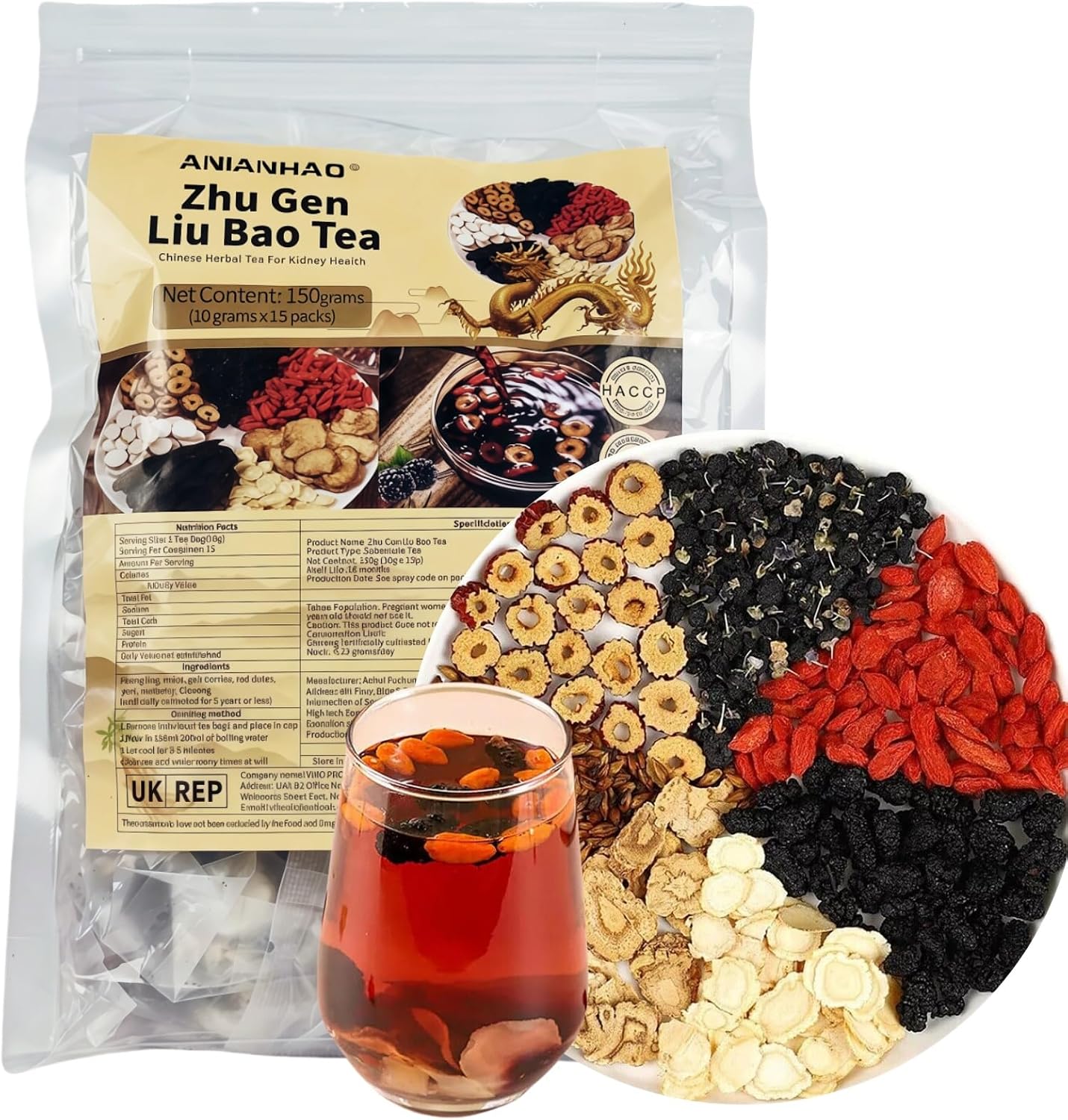 150g Formula Ginseng Six Treasure Tea, Natural Liver Detox Chinese Kidney Cleansing Tea, Chinese Herbal Kidney Tea Bag for Men