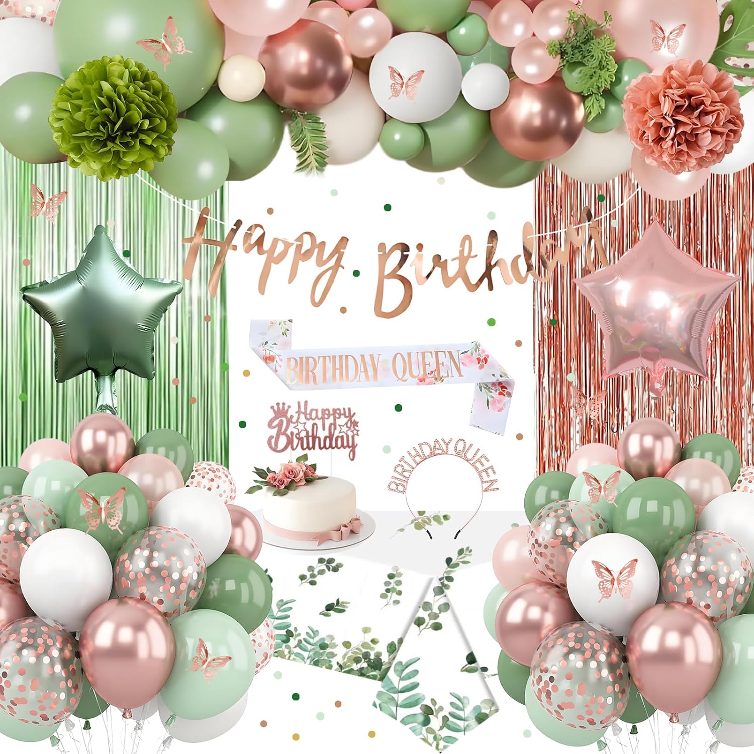 Sage Green and Rose Gold Birthday Decorations with Happy Birthday Banner, Latex Confetti Balloons, 3D Butterfly, Fringe Curtain, Tablecloth, Sash Tiara Crown, Pom Poms for Women Girls Party Supplies