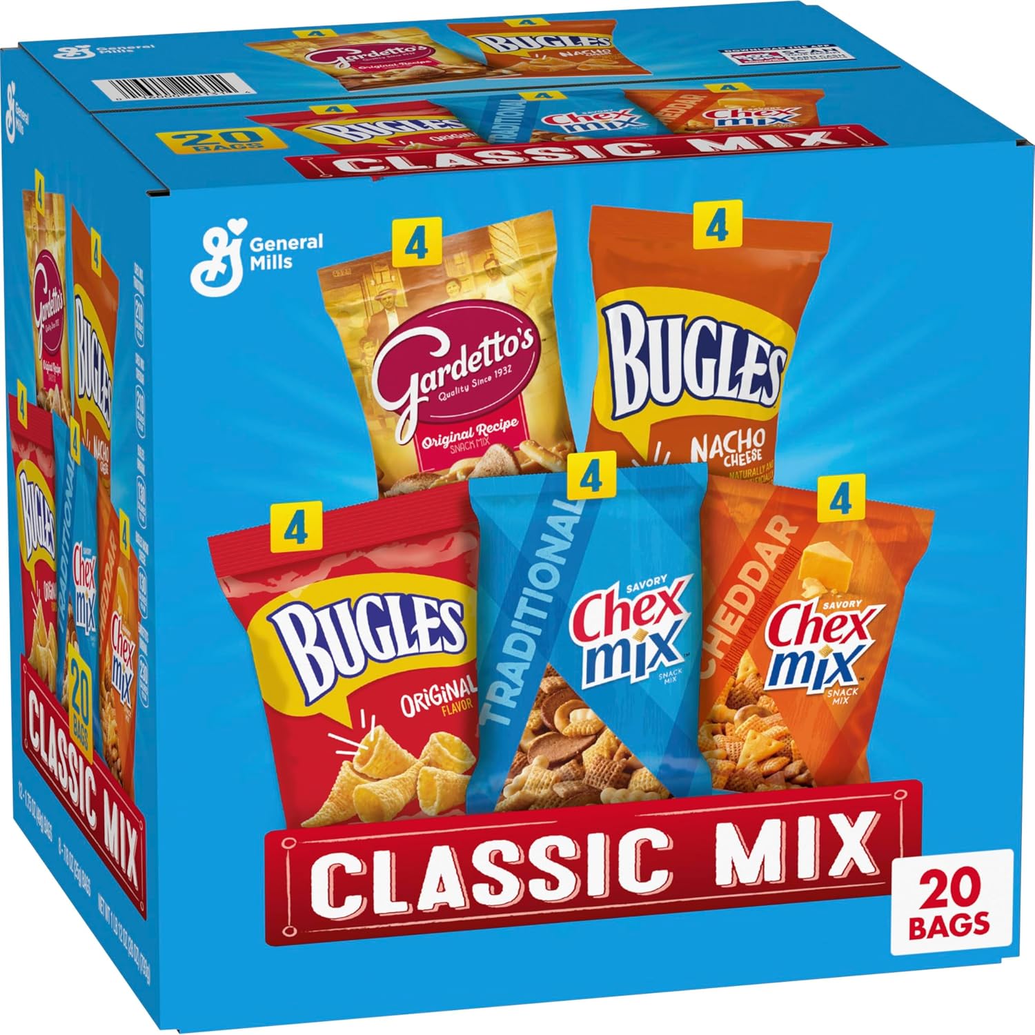 Classic Mix Snack Variety Pack, Bugles Original and Nacho Cheese, Gardetto's Original Recipe, Chex Mix Traditional and Cheddar, 20 Ct, 28 oz