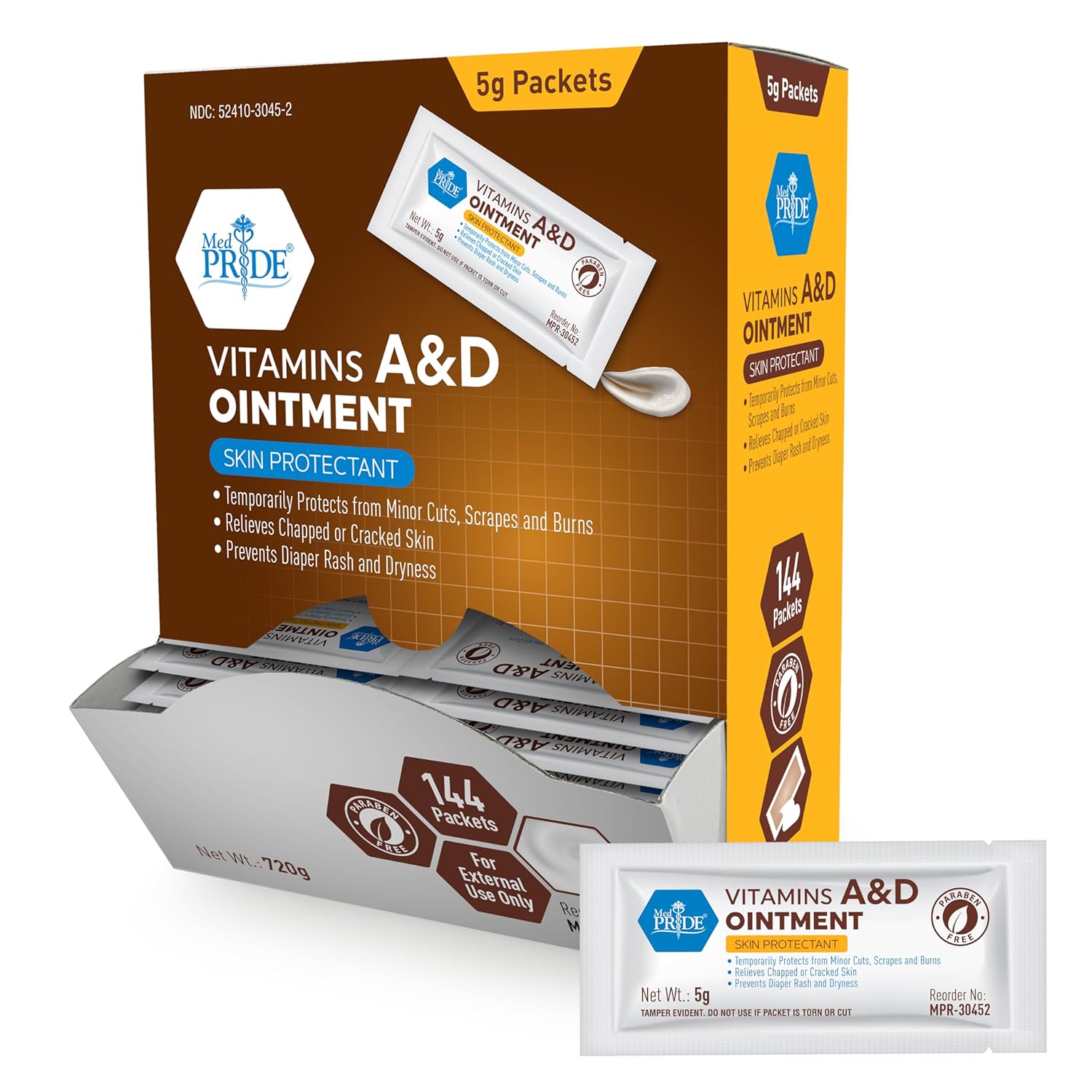 MED PRIDE Vitamins A&D Ointment Packets for Skin Relief -Vitamin A & D Skin Protectant Ointment, 5g Packets, 144-Count, for Body Chaffing, Diaper Rash, Cuts, Dry-Cracked Hands/Feet/Face