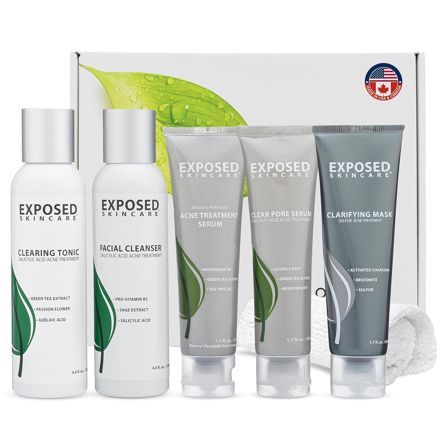 Exposed Skin Care Acne Treatment Kit - Includes Facial Cleanser, Clearing Tonic, Acne Treatment Serum, Clear Pore Serum, Clarifying Mask, Cloth - Natural Acne Solution for Face, All Ages & Skin Types