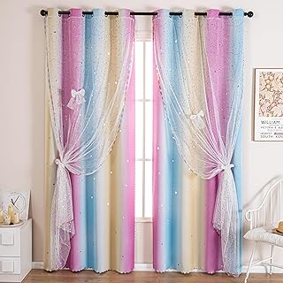 2-in-1 Double-Layer Kids & Girls Unicorn Princess Ombre Blackout Curtains with Foil Print Sheer, 2 Panels Set for Bedroom, Nursery, Living Room - Yellow Purple Blue, 52W x 63L