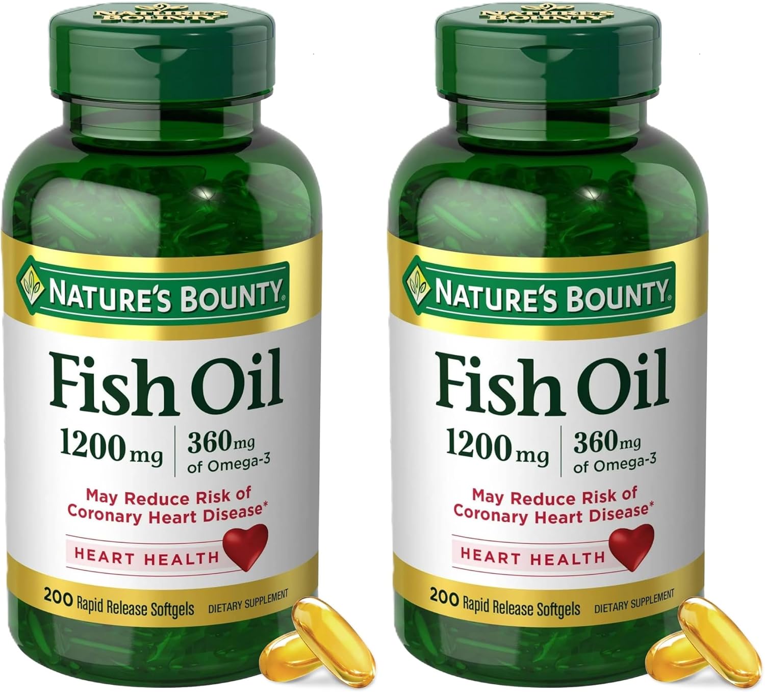 Nature's Bounty Fish Oil, Supports Heart Health, 1200 Mg, 360 Mg Omega-3, Rapid Release Softgels, 200 Ct (Pack of 2)