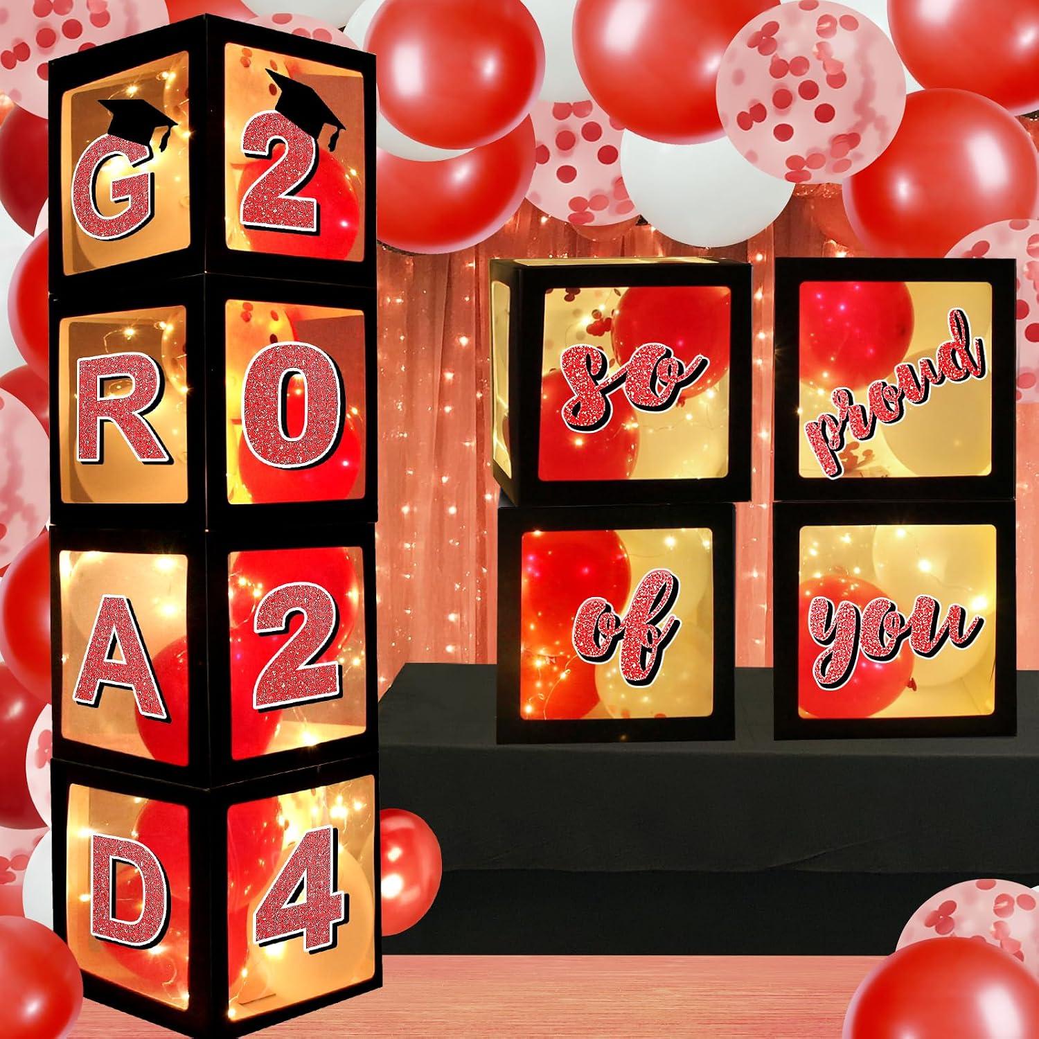 AOKE Graduation Party Decorations 2024 Graduation Balloon Boxes, 4Pcs Graduate Balloon Boxes with Balloon Light Strings Red Letter "GRAD 2024 So Proud of You" for School Graduation Party Supplies