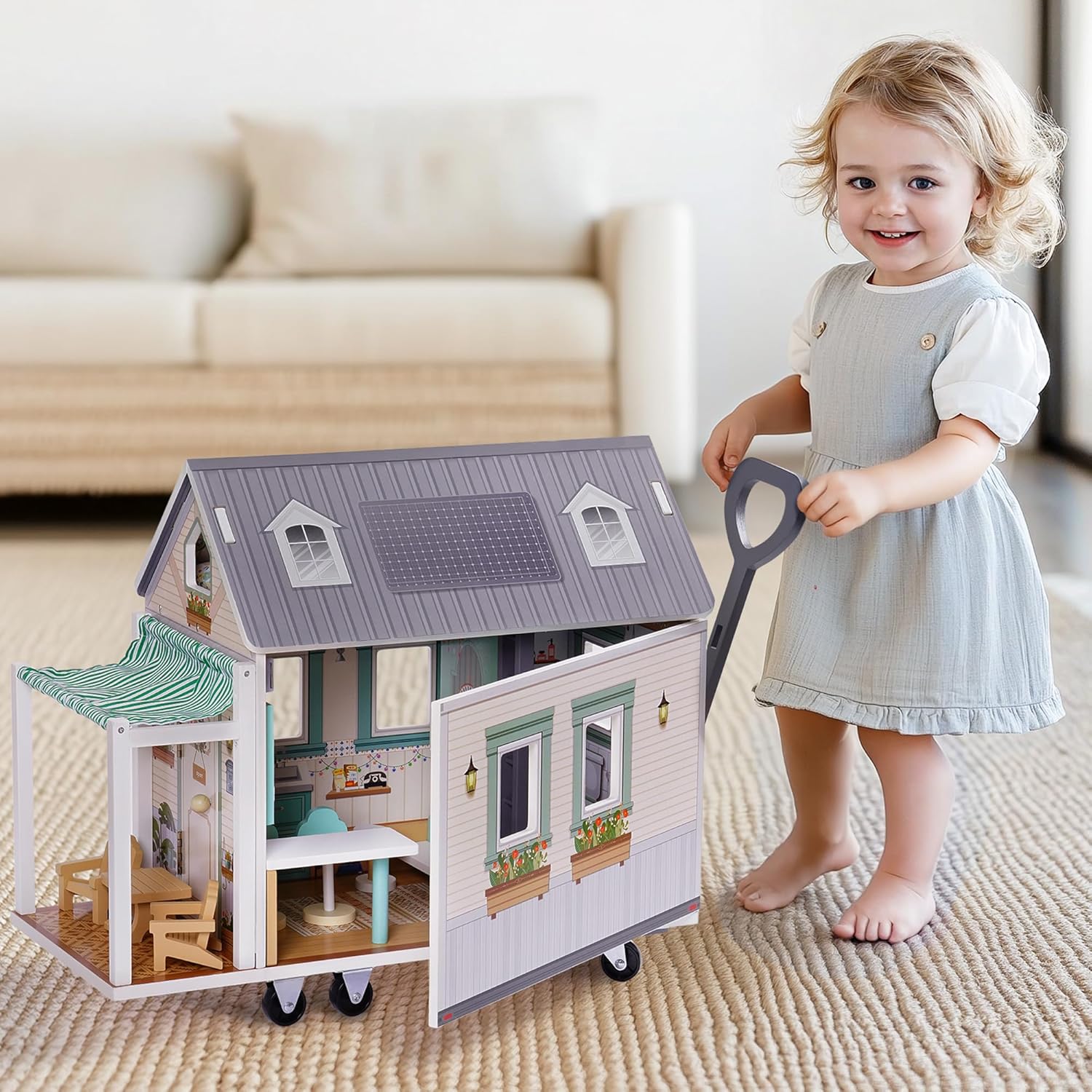 ROBOTIME Wooden Portable RV-Style Dollhouse for Kids - Includes Skylights, Tent, Outdoor Dining Set, Indoor Bar & Wheels for Easy Mobility - Realistic Play for Ages 3+