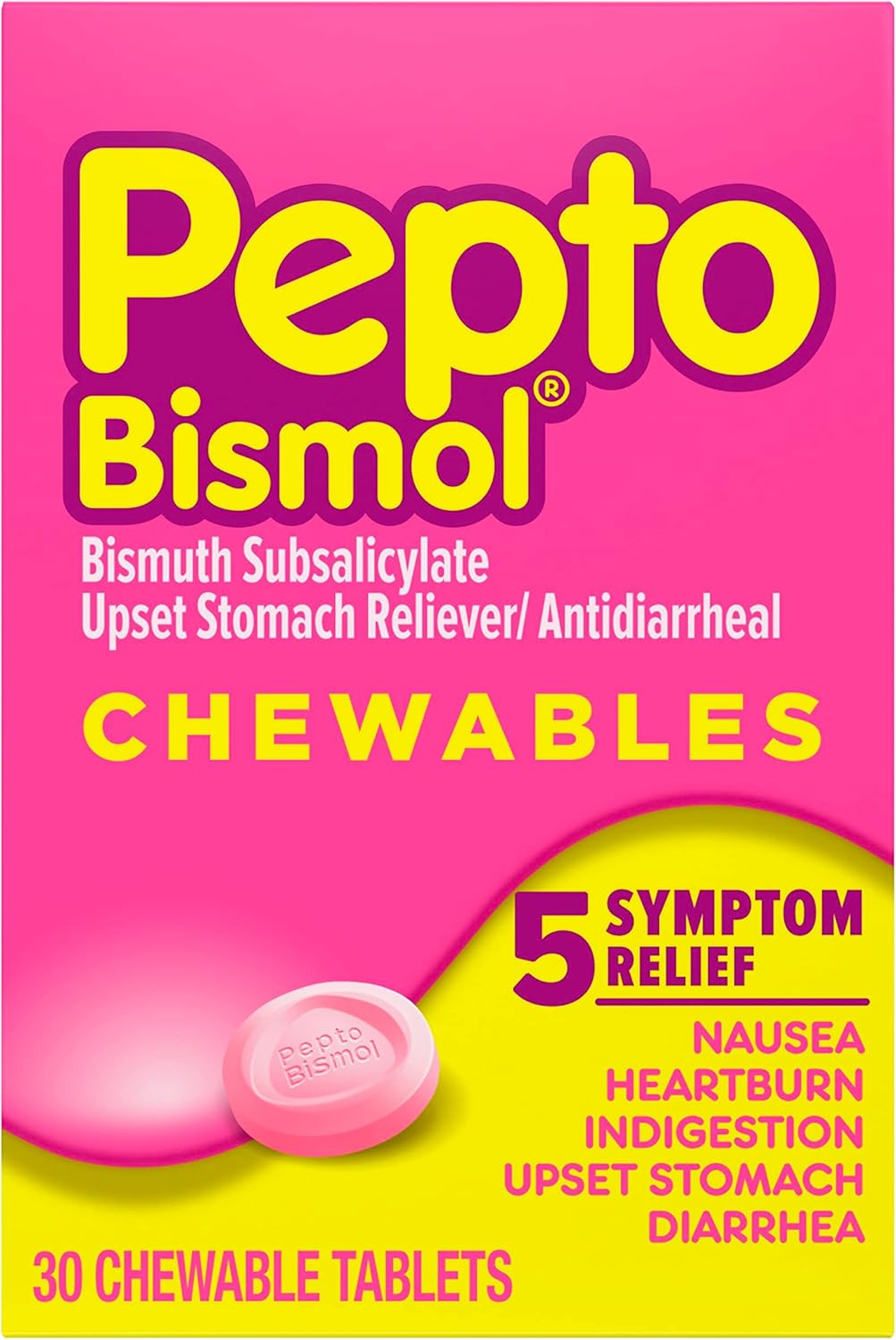 Pepto Bismol Chewable Tablets, Upset Stomach Relief, Nausea Relief, Heartburn Relief, Indigestion Relief, Anti Diarrhea Medication for Adults - 5 Symptom Relief, 30 ct