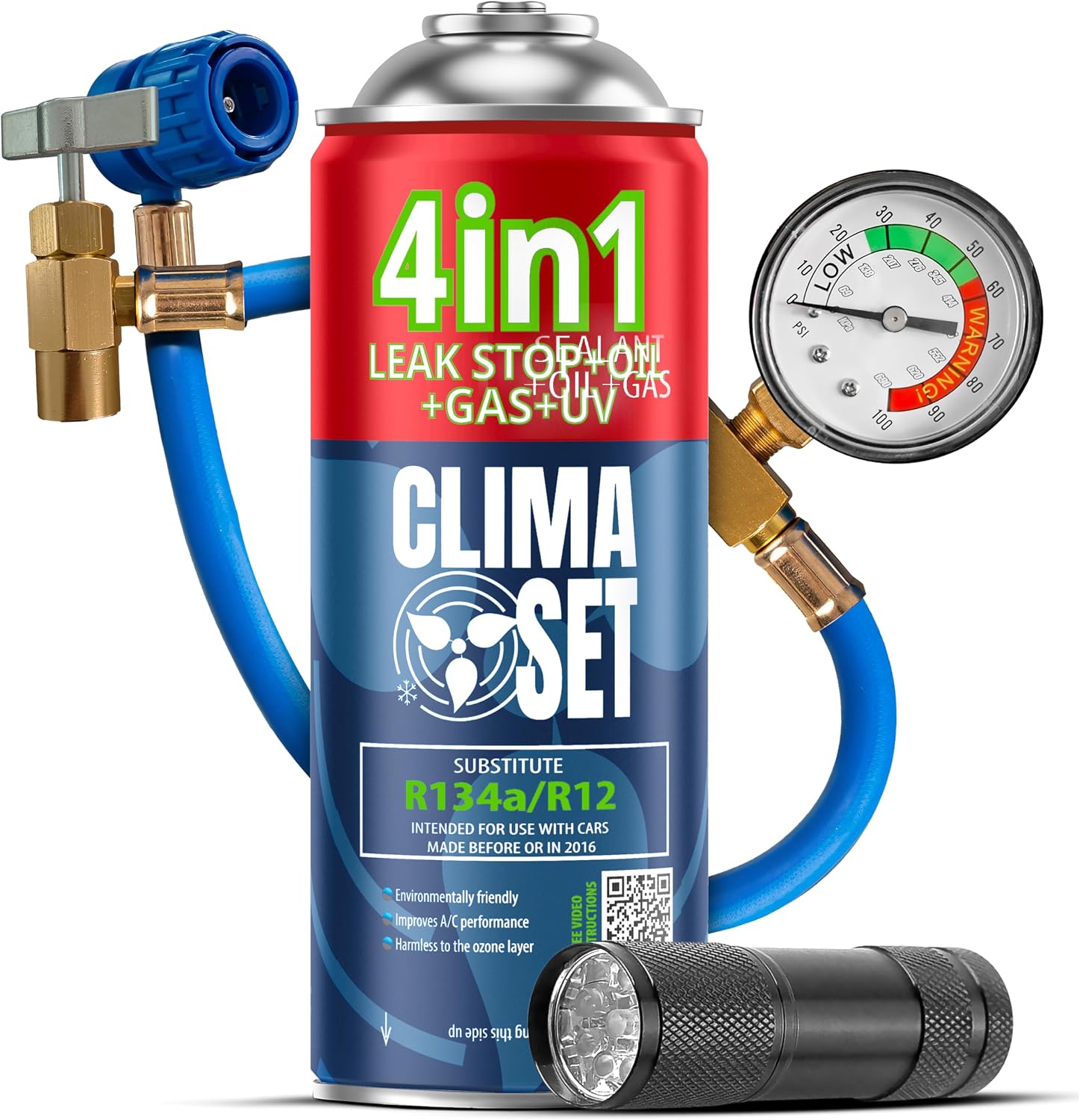 CLIMASET - Full KIT AC R134a 4in1, Gas Replacement, For cars 1994-2016 - Air conditioning solution, Standalone application - Complete set - Sealant, UV Colorant, Refrigerant - with Cable and UV Lamp
