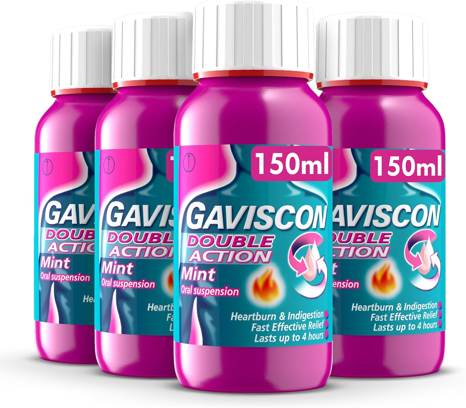 Gaviscon Double Action Liquid, Mint, 4 X 150ml, Total of 600ml, Heartburn Liquid, Indigestion Relief, Stomach Acid Relief, Gerd, Acid Reflux, Suitable for Pregnancy, Lasts Up to 4 Hours, Antacids