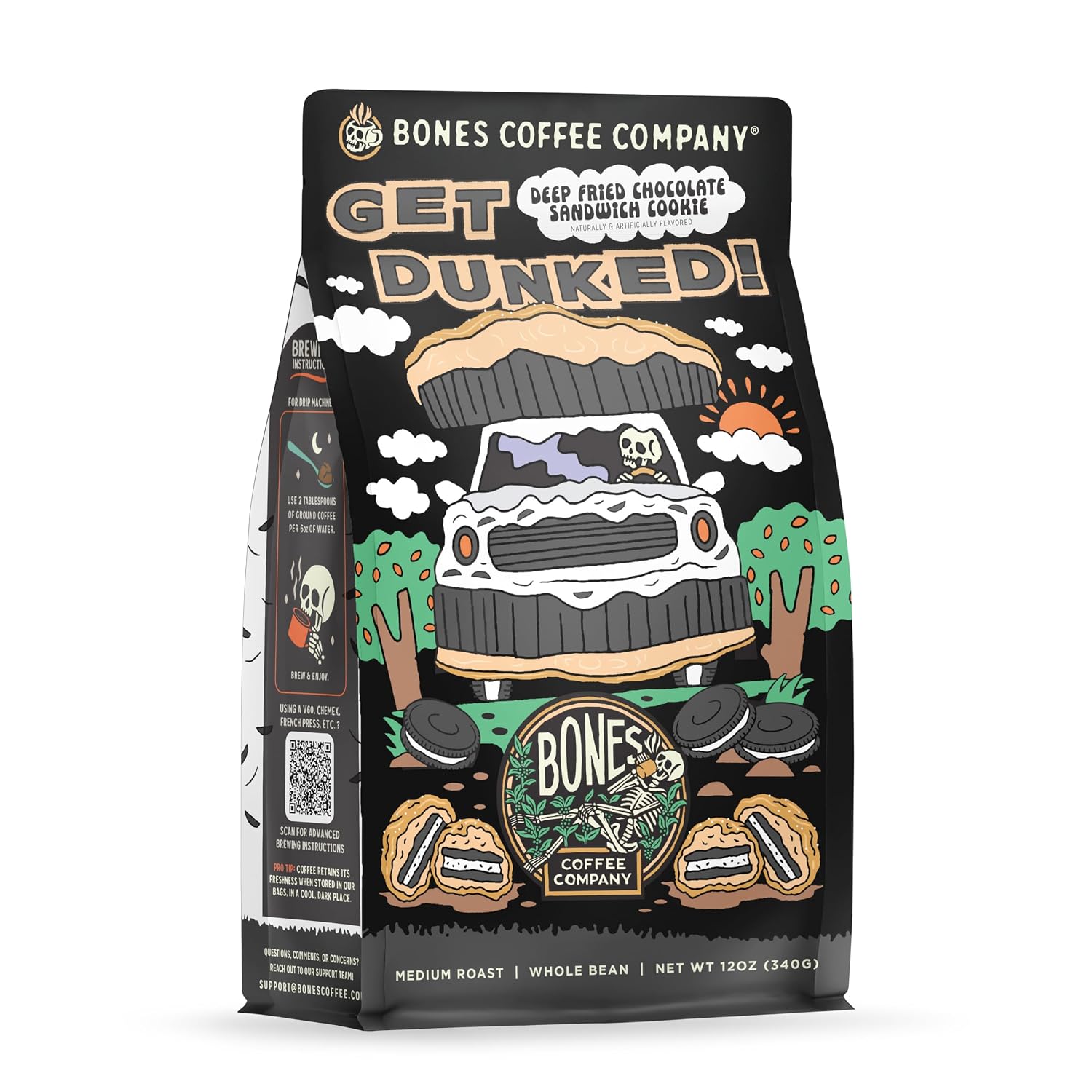 Bones Coffee Company Get Dunked!, Deep Fried Chocolate Cookie Sandwhich Flavored Coffee, Medium Roast Low Acid Arabica Beans Compatible with Auto drip and French Press Coffee Maker, 12 Oz Ground