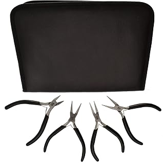 The Beadsmith Slim Line Pliers Set – Extra Fine Tips – 4.5 Inches, 4-Pieces: Round Nose, Chain Nose, Flat Nose & Semi-flush Side Cutter – Leatherette Carrying Case Included – Tools for Jewelry Making