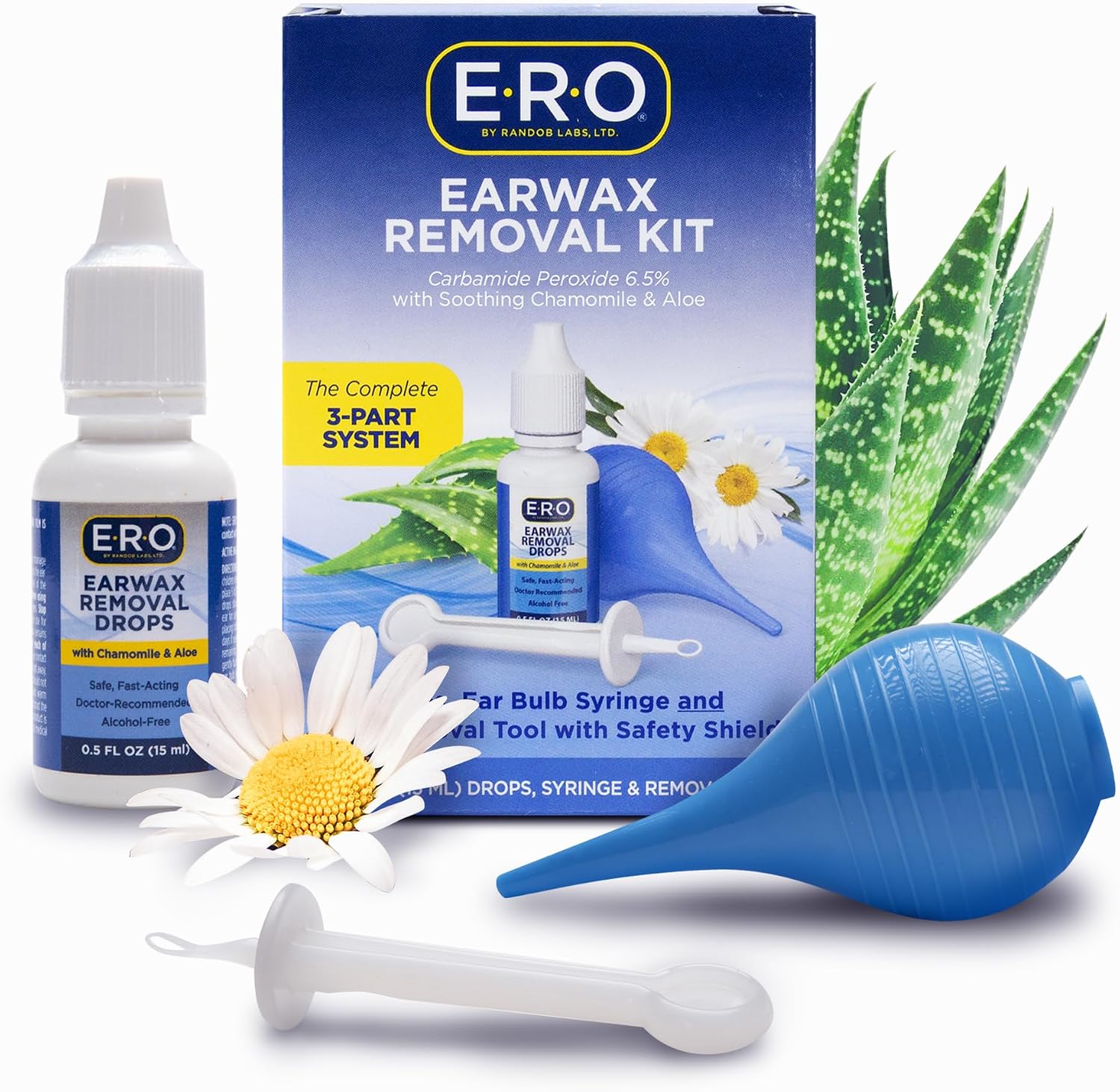 E-R-O Earwax Removal Kit for Complete Ear Care, with Carbamide Peroxide Earwax Removal Drops (0.5 fl oz), Ear Bulb Syringe and Ear Wax Removal Tool with Safety Shield