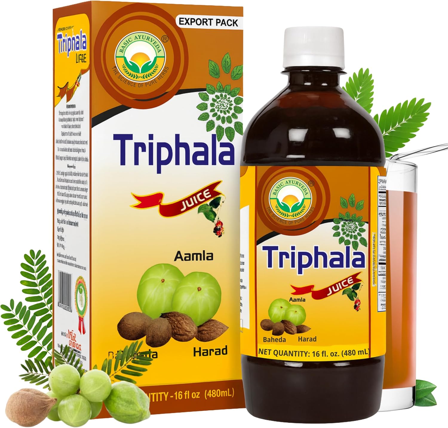 BASIC AYURVEDA Triphala Juice | 16.23 Fl Oz (480ml) | Herbal Blend of Amla, Haritaki & Bibhitaki | Natural Source of Vitamin C | Supports Digestion, Detox & Gut Health | No Added Sugar