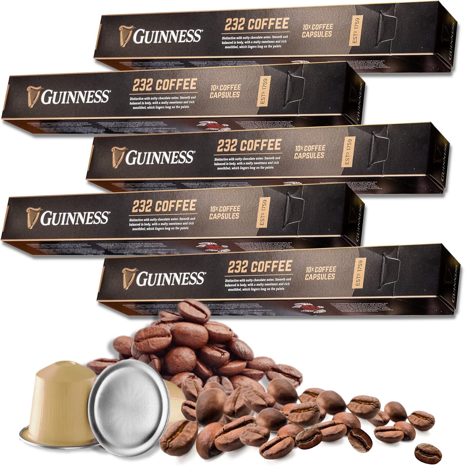 Guinness Coffee 232 Brew Capsules by Tiki Tonga Coffee Roasters (50 Capsules) - Fully Recyclable Aluminium Capsules - Nespresso Machine Compatible
