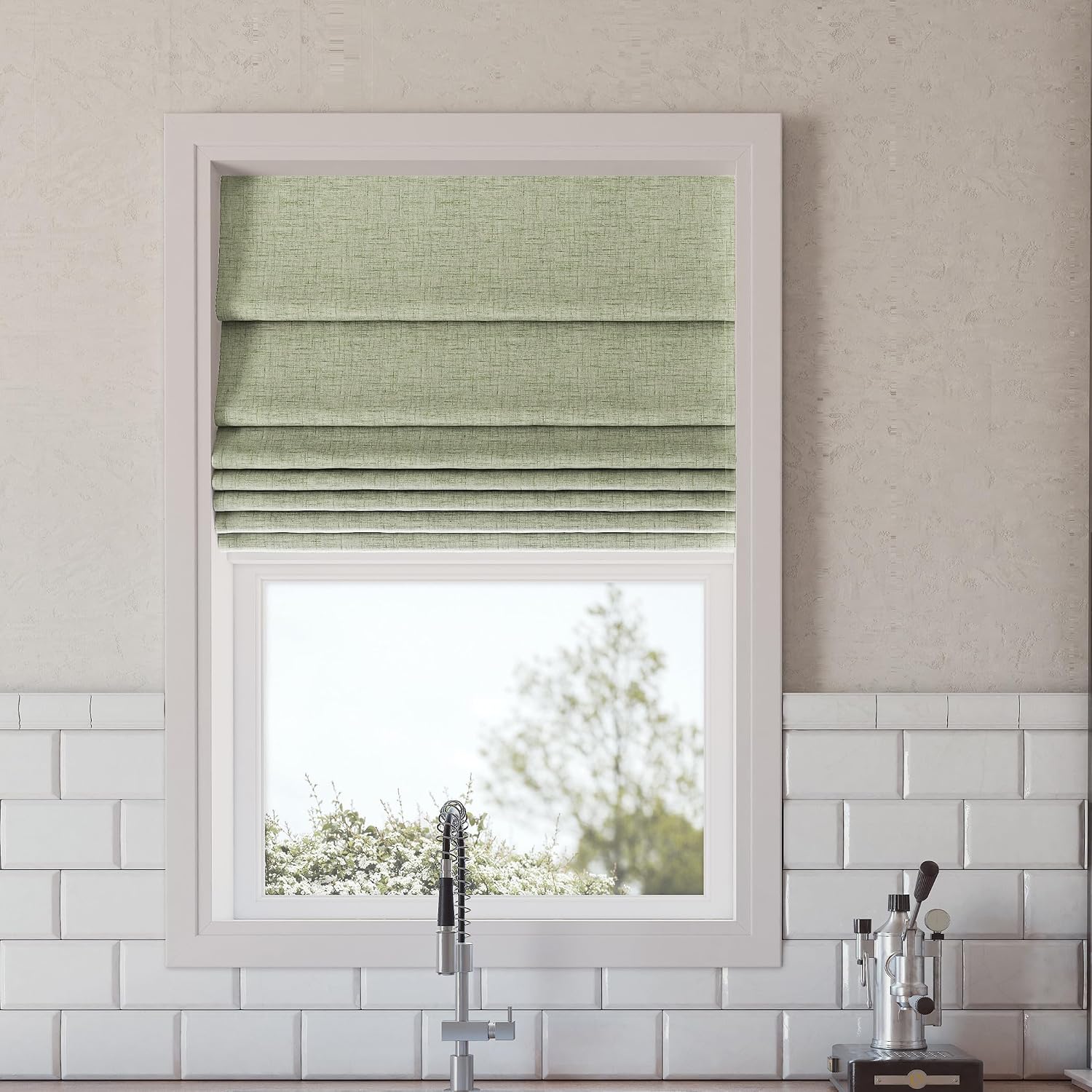 Sun Zero Seraphina Textured Total Blackout Cordless Roman Shade, 31" x 64", Sage Green