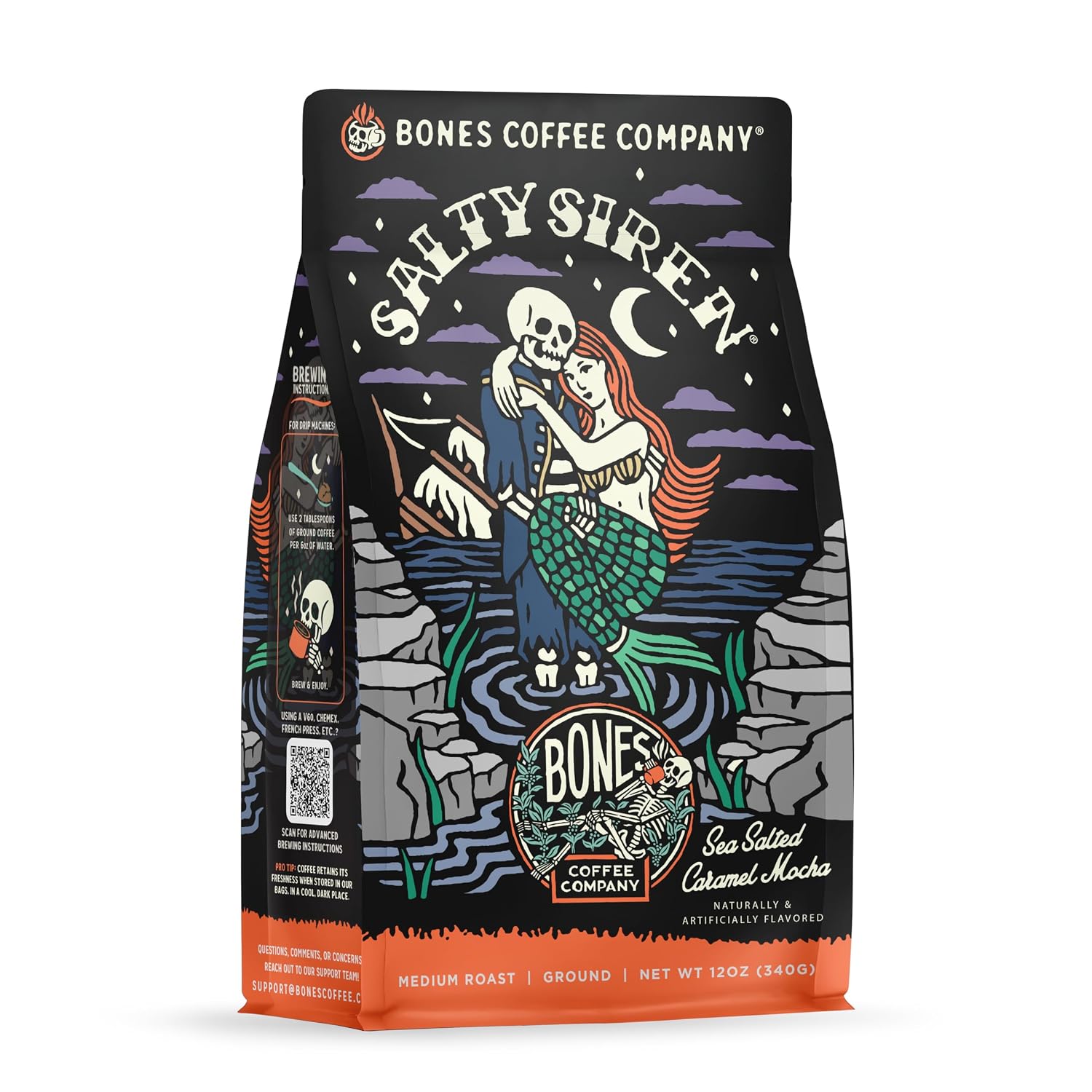 Bones Coffee Company Salty Siren, Sea Salted Caramel Chocolate Flavored Coffee, Medium Roast Low Acid Arabica Beans Compatible with Auto drip and French Press Coffee Maker, 12 Oz Ground