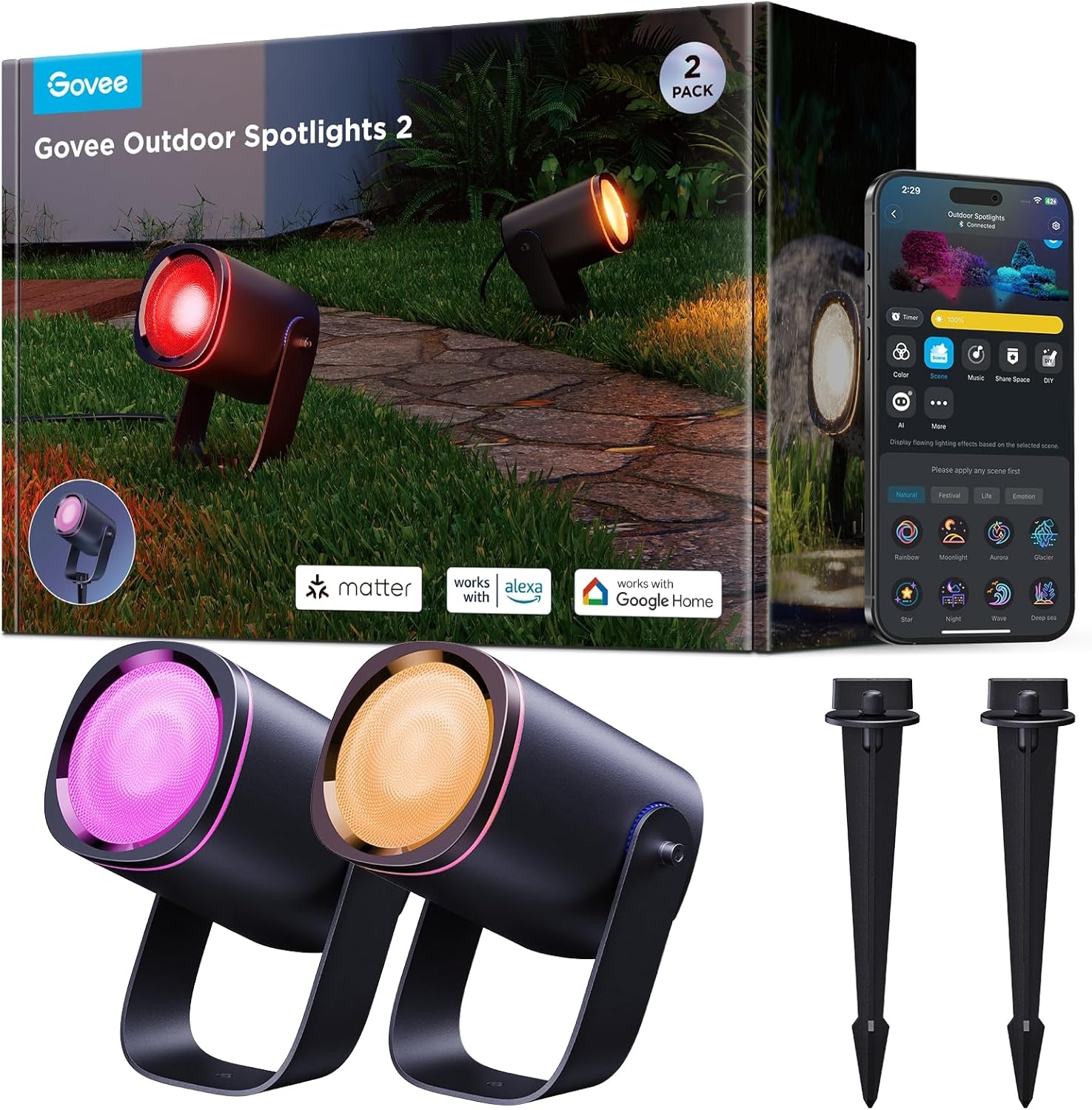 Govee Outdoor Spotlight, Waterproof Garden Lights, RGBWIC LED Outdoor Lights, Dimmable 700lm with 69 Scene Modes and 16 Million Colors for Patio, Works with Alexa, Google Assistant, and Matter. 2 Pack
