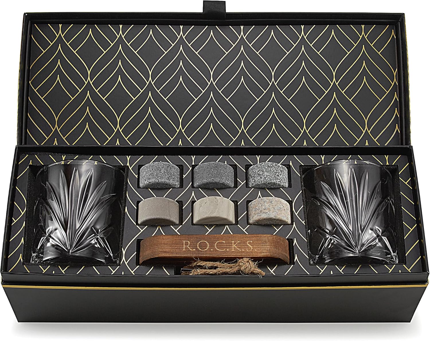 Whiskey Chilling Stones Gift Set - 6 Handcrafted Premium Granite Round Sipping Rocks - 2 Crystal Glass Tumblers - Hardwood Presentation & Storage Tray - Elegant Gold Foil Gift Box by R.O.C.K.S.