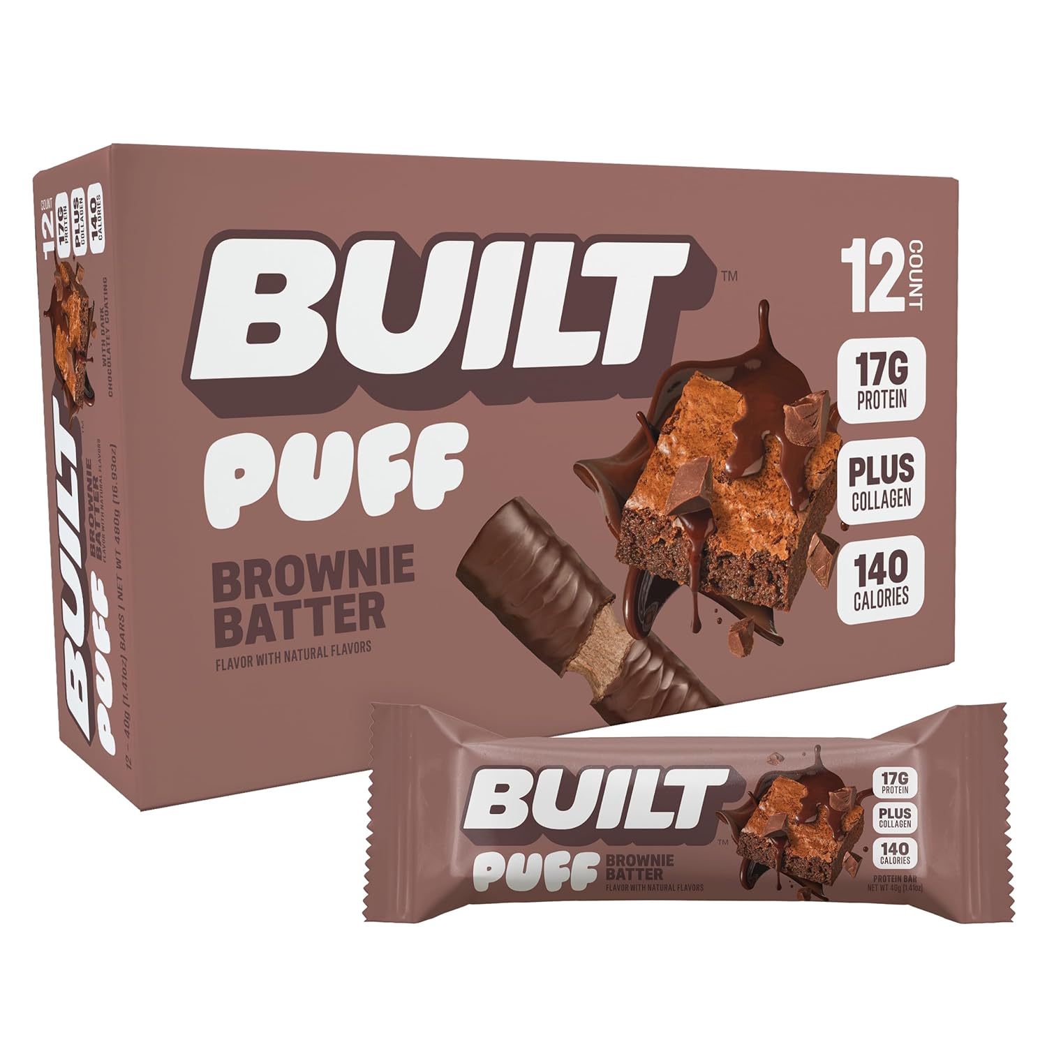 BUILT Bar Puff Protein Bars - Brownie Batter - 17g Protein Snack Bars with Collagen - Calorie Conscious & Gluten Free - 12 Count