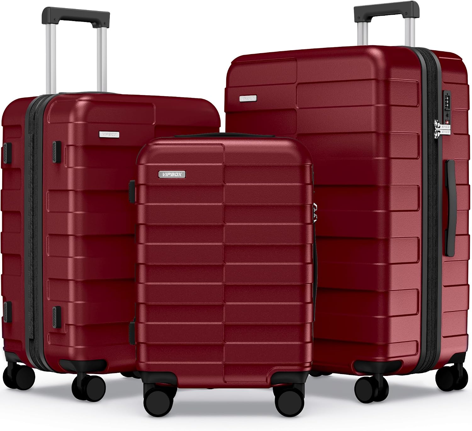 Vipbox Suitcase Set, 3-Piece Hard Shell (3 Year VIP Service), Lightweight Polycarbonate, Ultra Durable Expandable Trolley, Hand Luggage, Travel Suitcase with Wheels and TSA Lock, Wine Red, Wine red