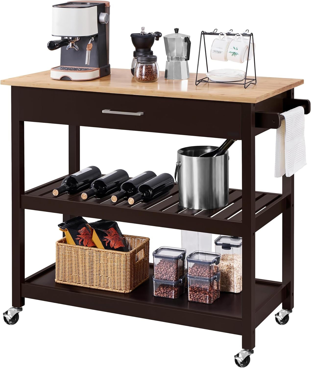 Yaheetech Kitchen Trolley Cart on Wheels, Rolling Kitchen Island with Drawer and Side Handle, 3-Tier Utility Serving Cart for Bar/Dinning Room/Living Room, Espresso