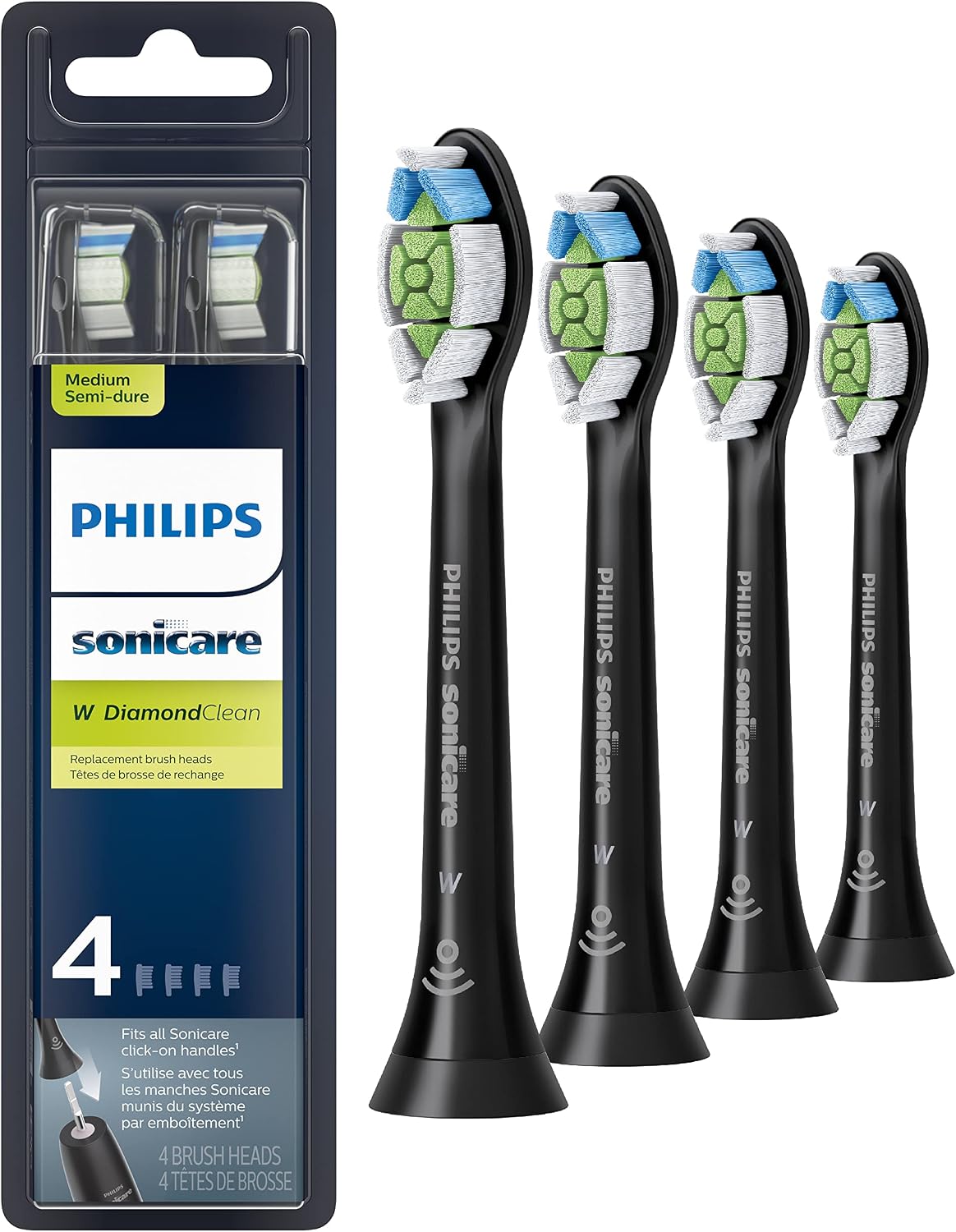 Philips Sonicare W DiamondClean Brush Heads, 4-Pack, 1 Year Supply, Black | 700% More Plaque Removal¹, 100% Whiter Teeth², BrushSync Reminder, Up To 62,000 Bristle Movements Per Min, HX6064/95
