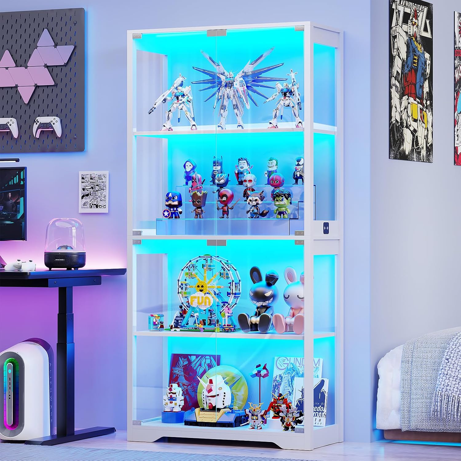BROTTAR Display Cabinet with Glass Doors, 4-Tier Curio Cabinet with 3 Color Lights for Collectibles, Glass Display Case with Human Body Sensor, Bookcase with 4 Shelves, Storage Cabinets, White