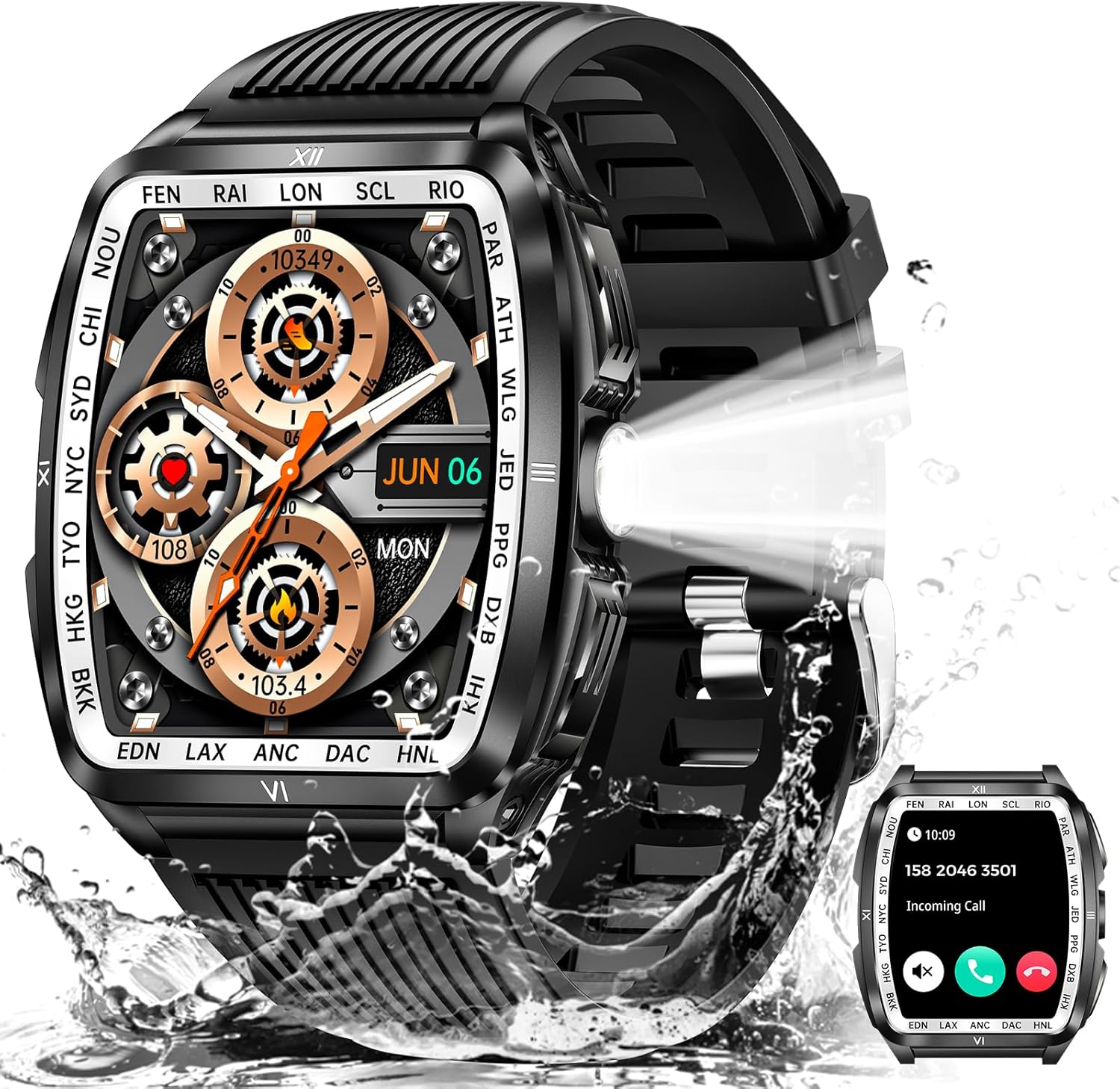 Military Smart Watch for Men with LED Flashlight 5ATM Waterproof New 1.8" Big Screen Rugged Tactical Smartwatch with Text and Call Fitness Tracker with Heart Rate Sleep Monitor for iPhone Android