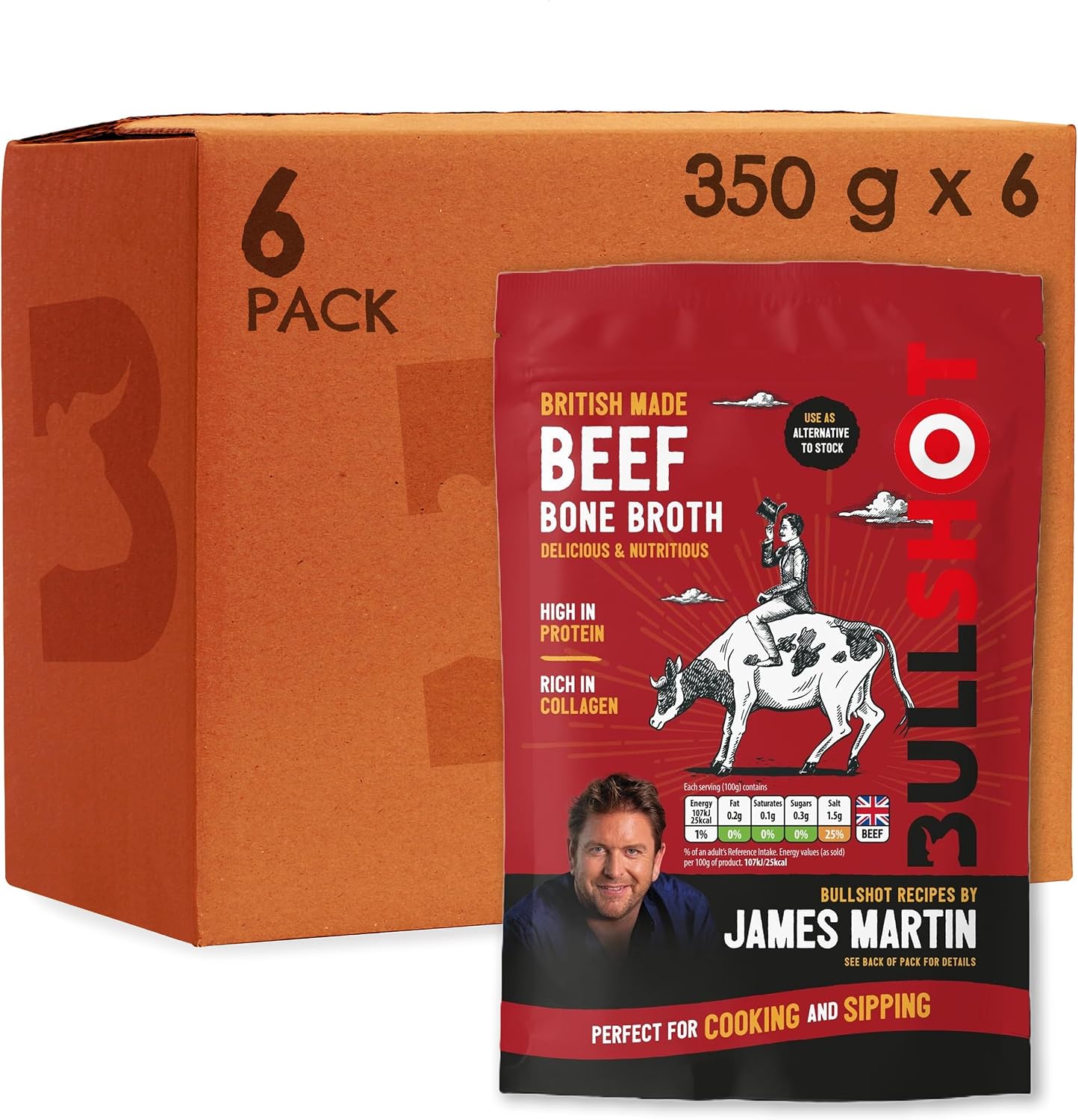 Bullshot Beef Bone Broth – Rich & Nutritious, Collagen-Rich Stock for Soup, Stews, Gravy & Sauces, Supports Joint & Skin Health, Ready-to-Drink, 350 ml (Pack of 6)