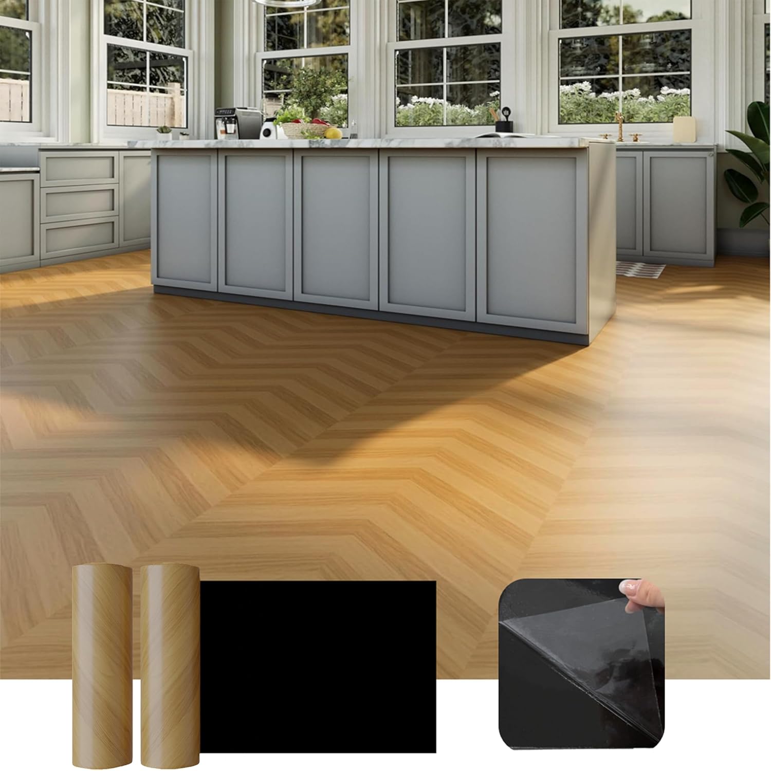 2 Rolls Cover 52 Sq.Ft Peel and Stick Floor Tile Roll 15.7” x 236”, Self Adhesive Vinyl Flooring Wood Grain Linoleum Flooring Tile DIY for Kitchen, Bathroom, Living Room, Light Brown Herringbone